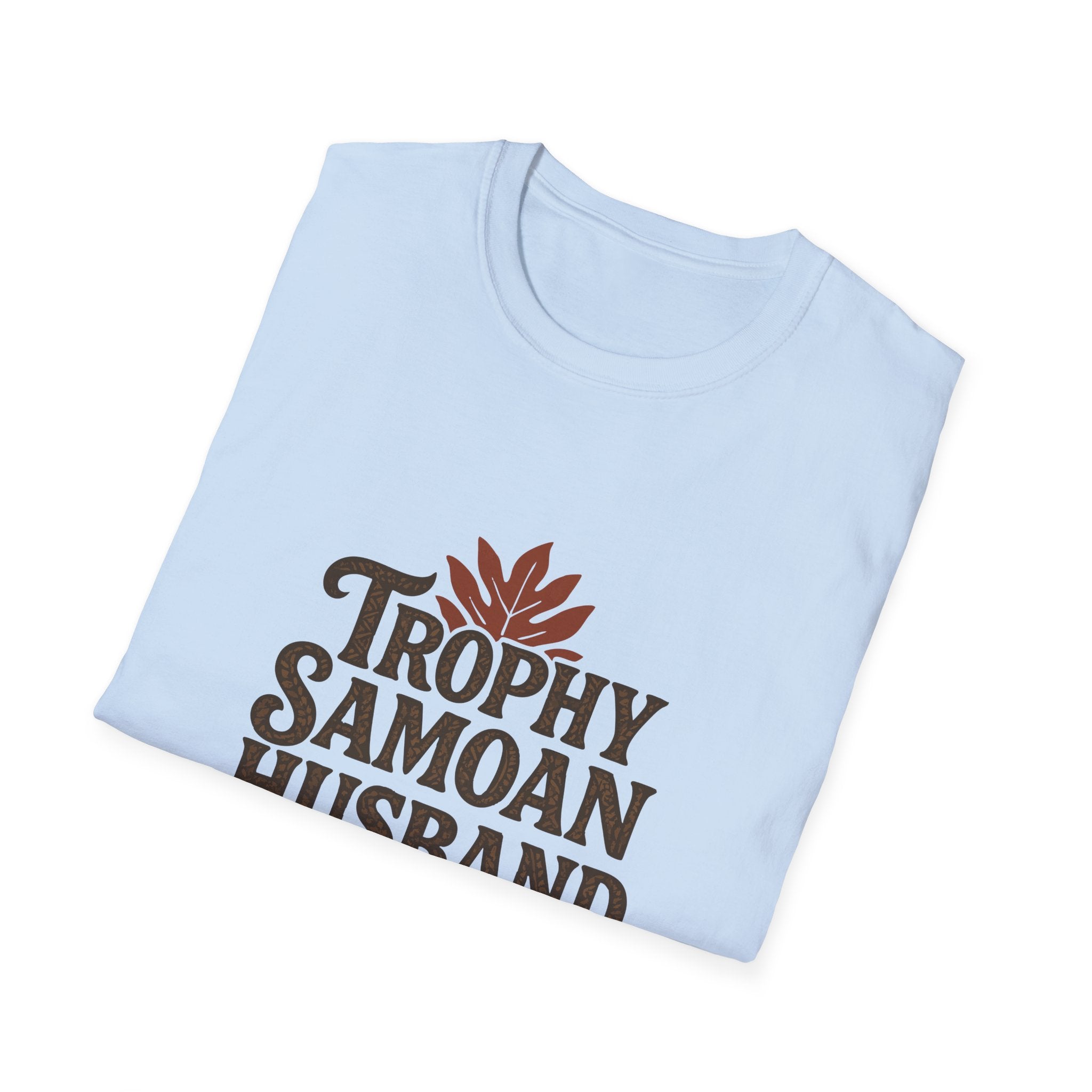 Charcoal unisex soft men's tee featuring "Trophy Samoan Husband" text, stylish and comfortable casual wear from The Print Bar.