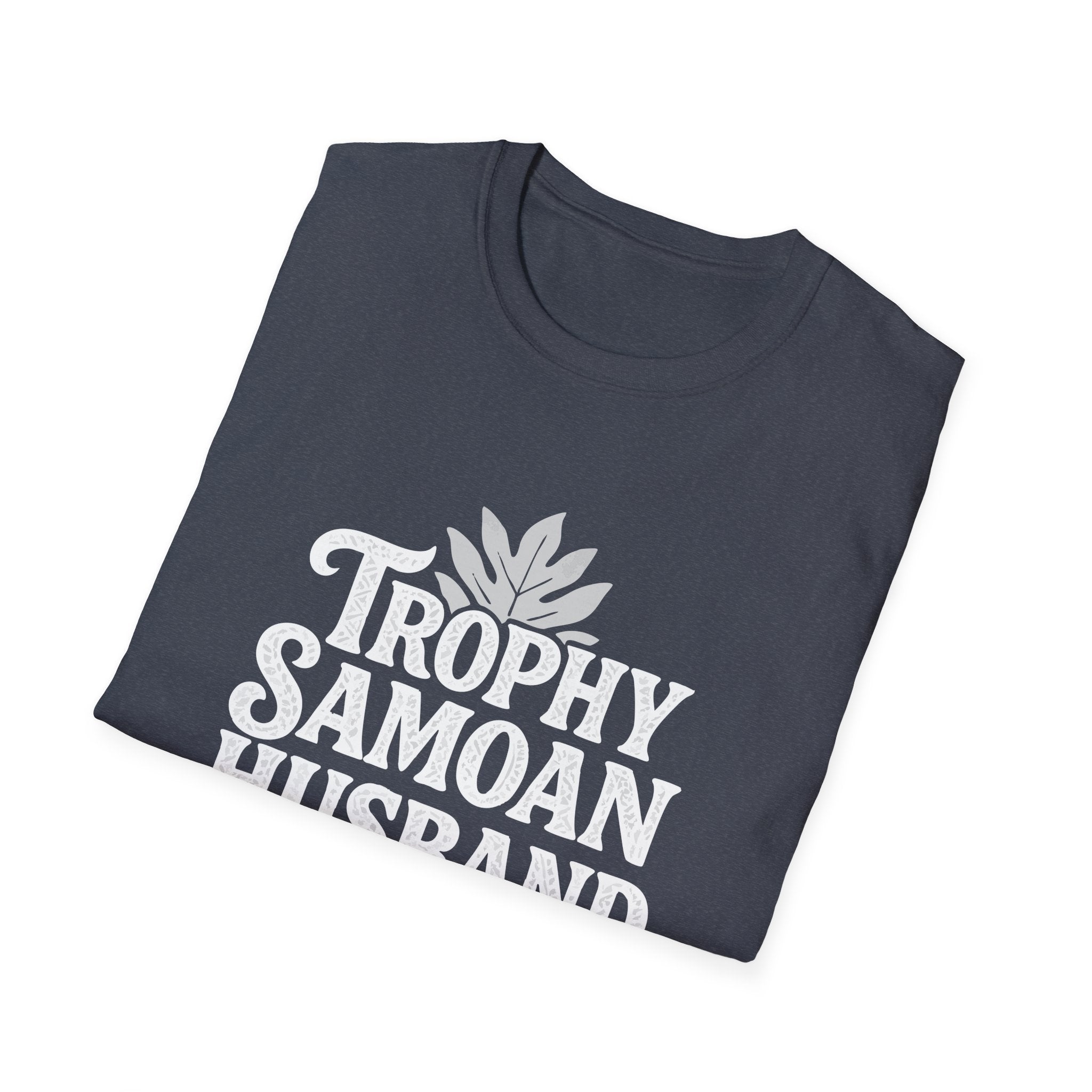 Charcoal unisex soft men's tee by The Print Bar featuring "Trophy Samoan Husband" design, perfect for casual wear.