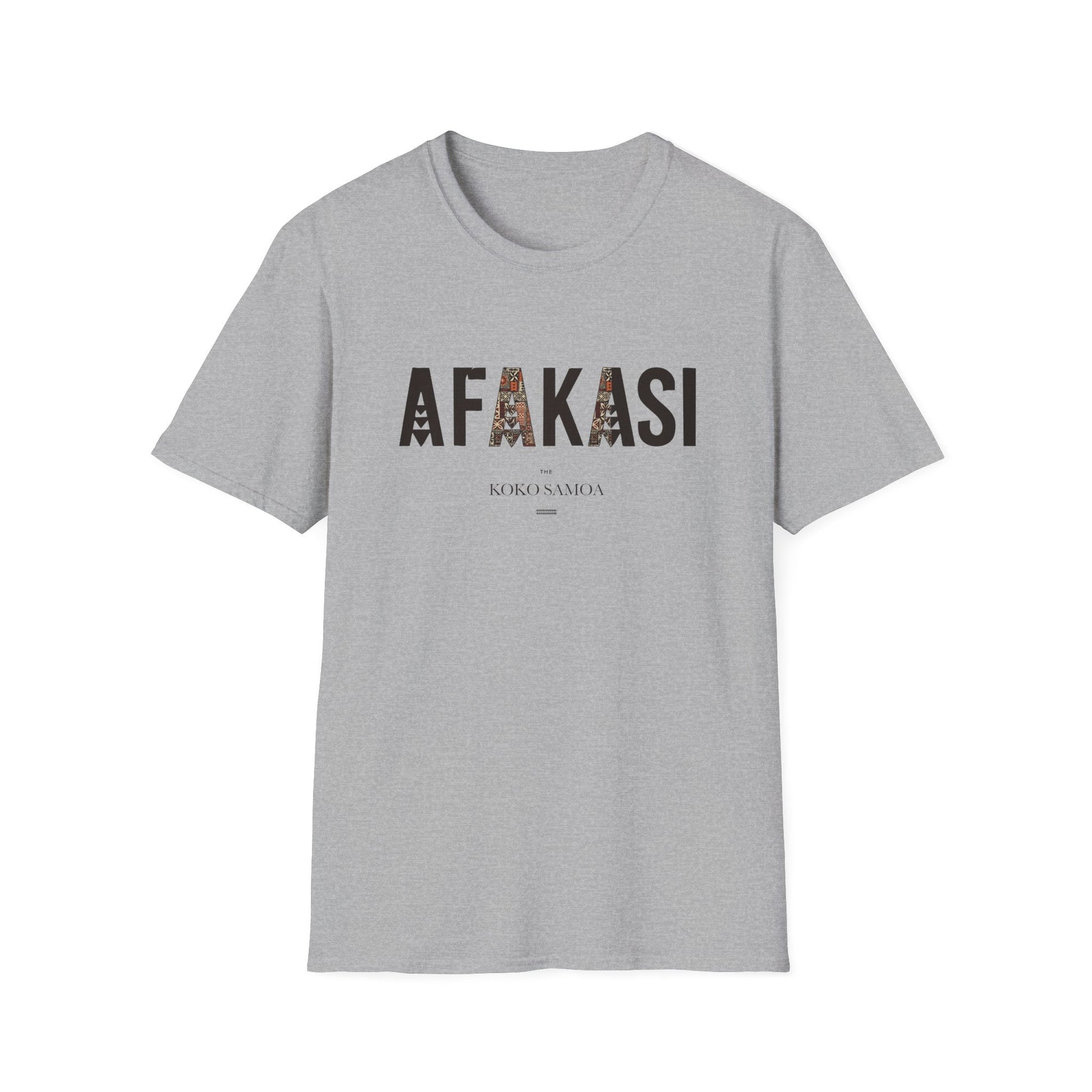 Charcoal unisex soft tee featuring the Afakasi design, suitable for AU/NZ sizing.