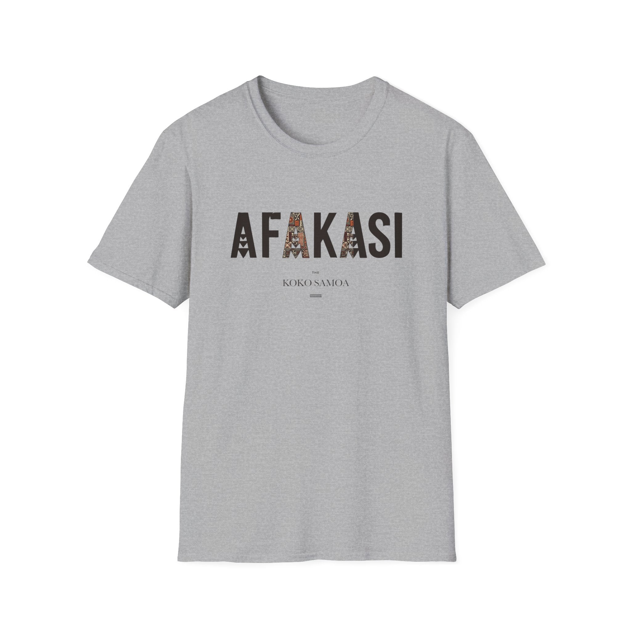 Charcoal unisex soft tee featuring the Afakasi design, suitable for AU/NZ sizing.