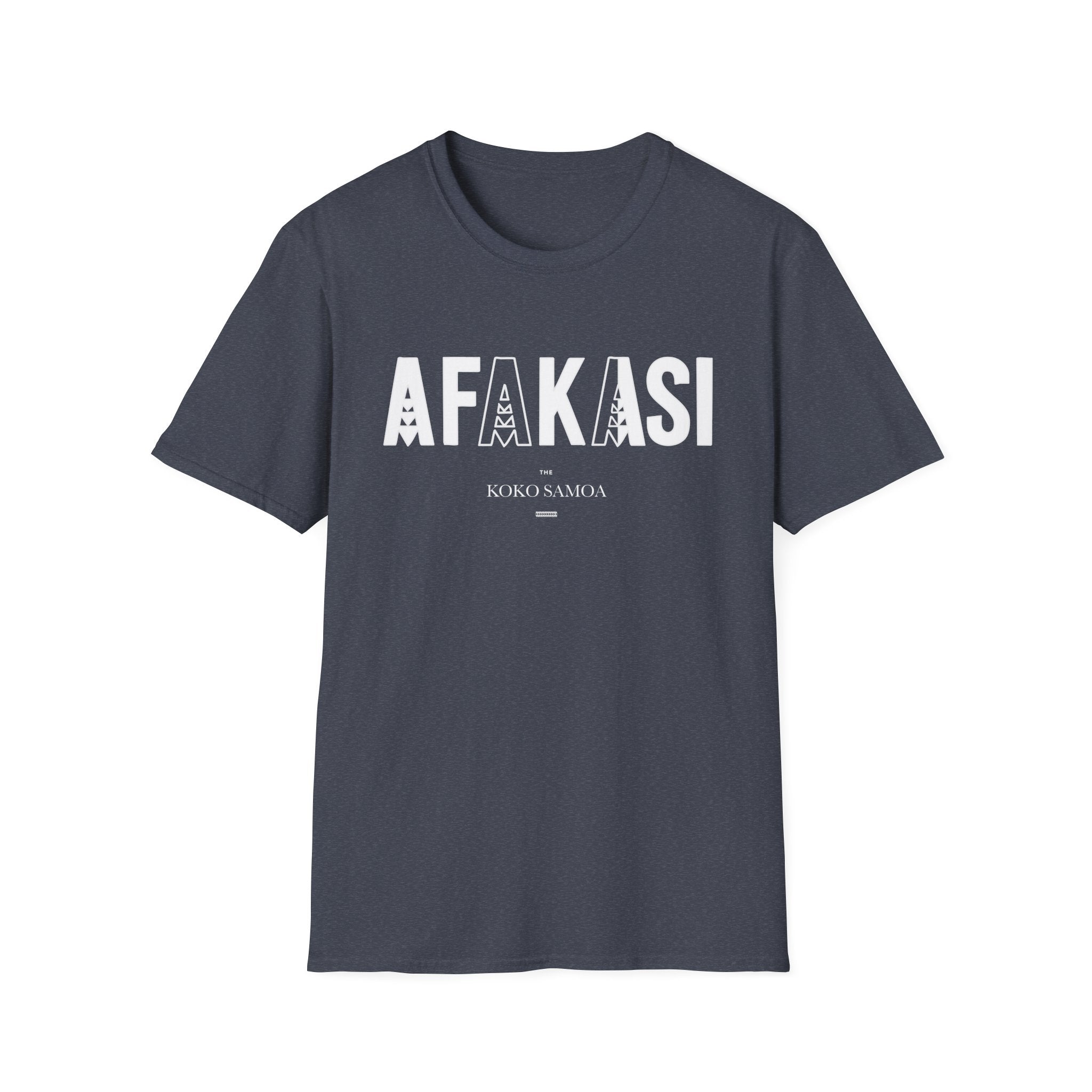 Charcoal soft unisex tee featuring the Afakasi design, made for both men and women in AU/NZ sizes.