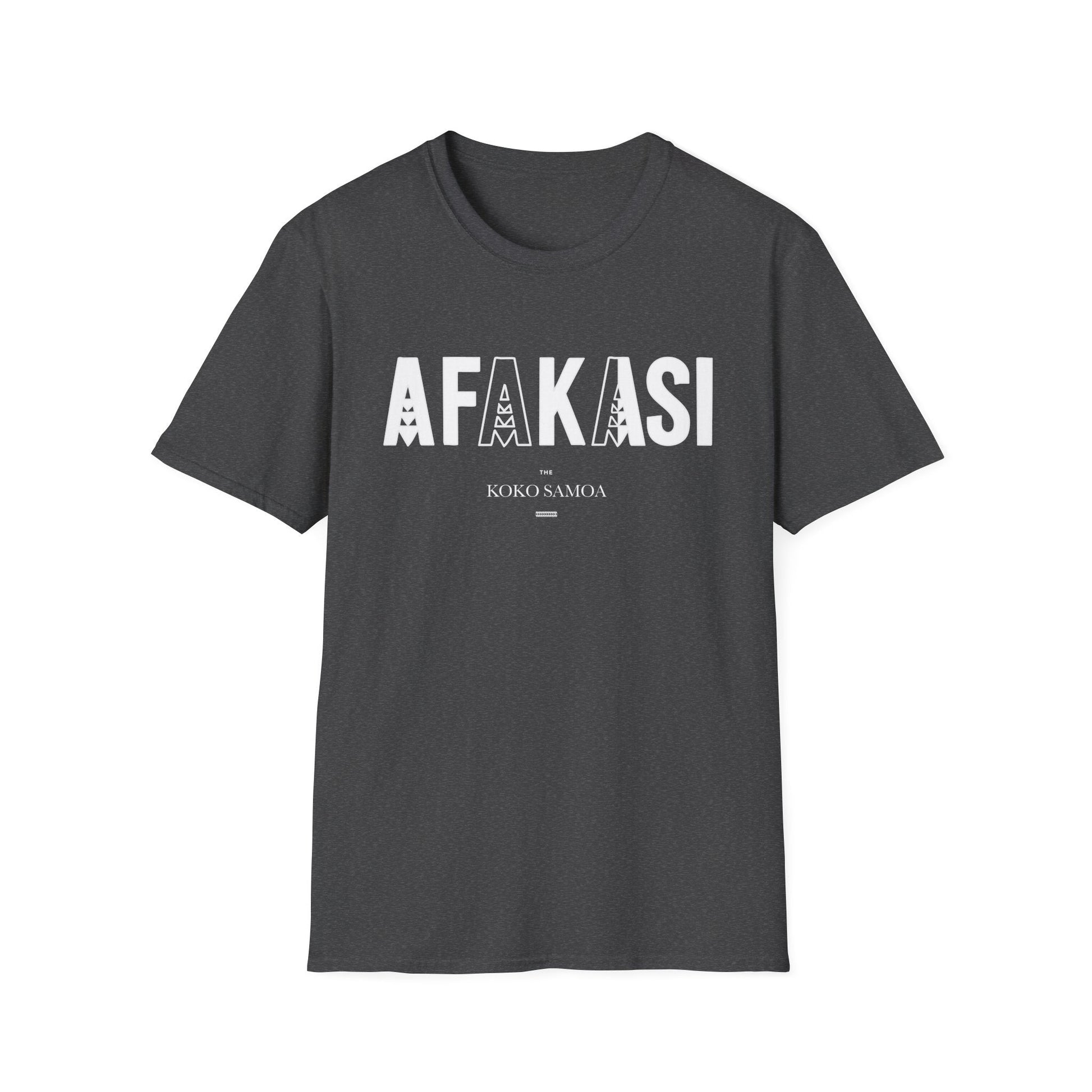 Charcoal soft unisex tee featuring the Afakasi design, casual fit, ideal for everyday wear in AU/NZ.