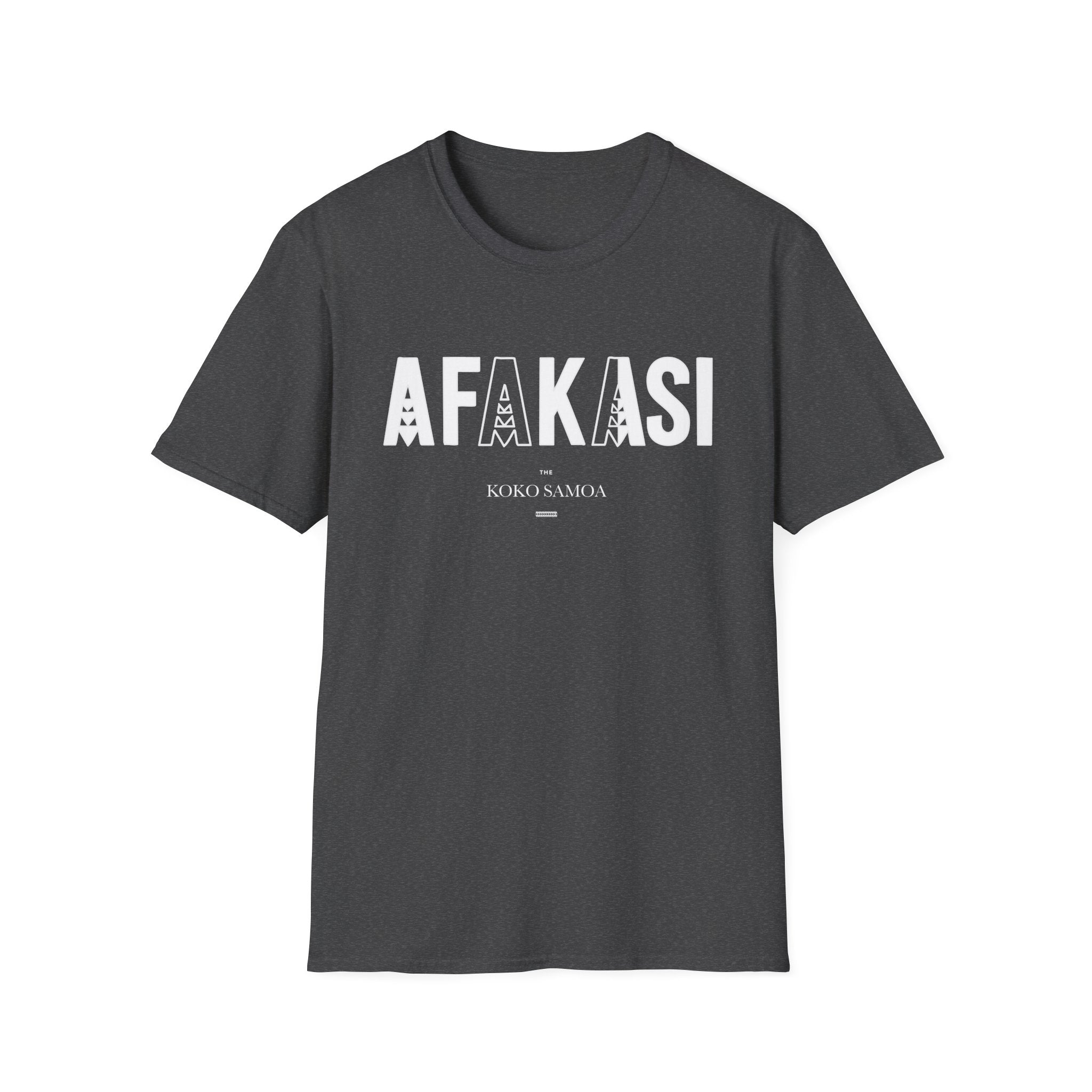 Charcoal soft unisex tee featuring the Afakasi design, casual fit, ideal for everyday wear in AU/NZ.