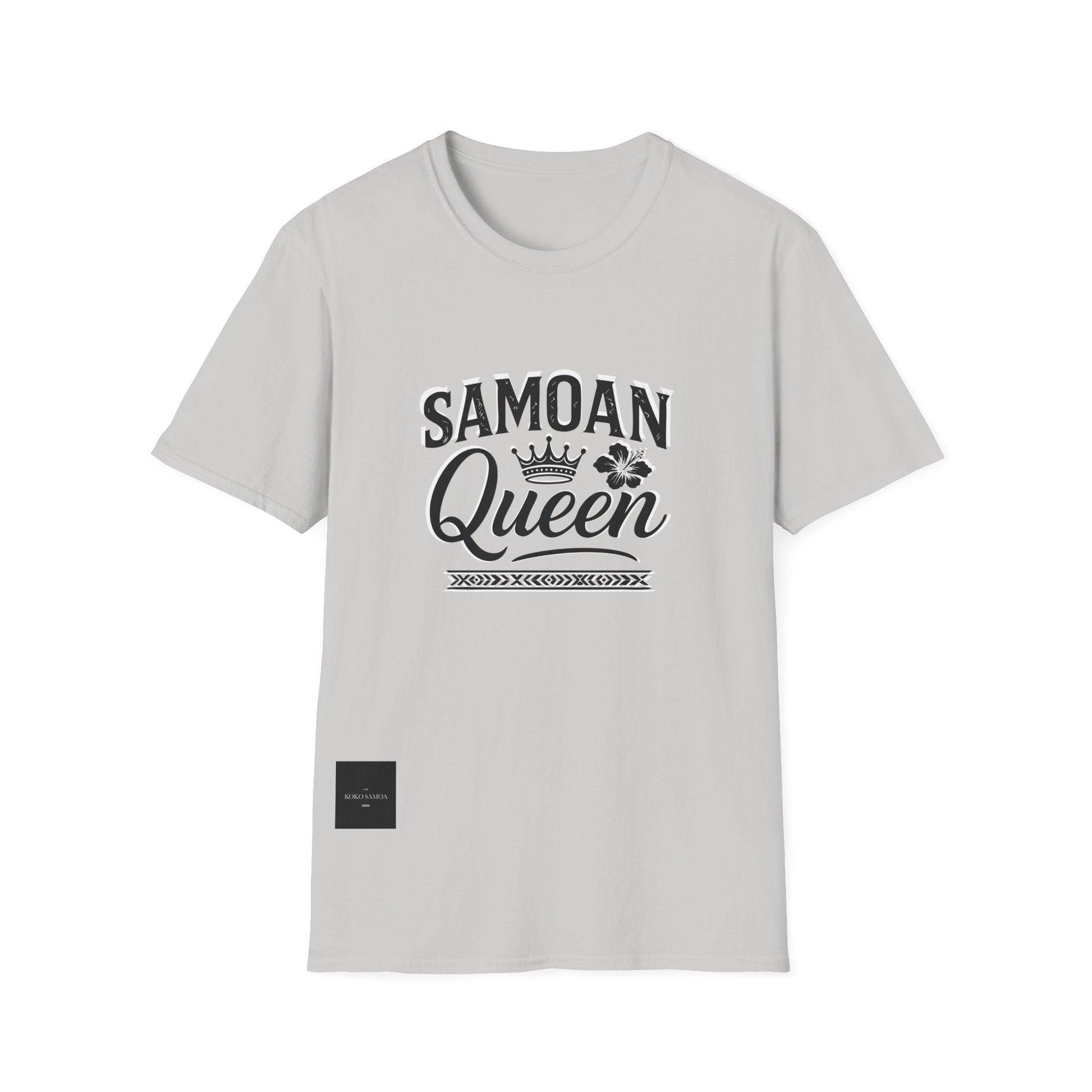 Charcoal soft unisex T-shirt featuring a Samoan Queen AU/NZ design, made by The Print Bar, displayed flat on a white background.