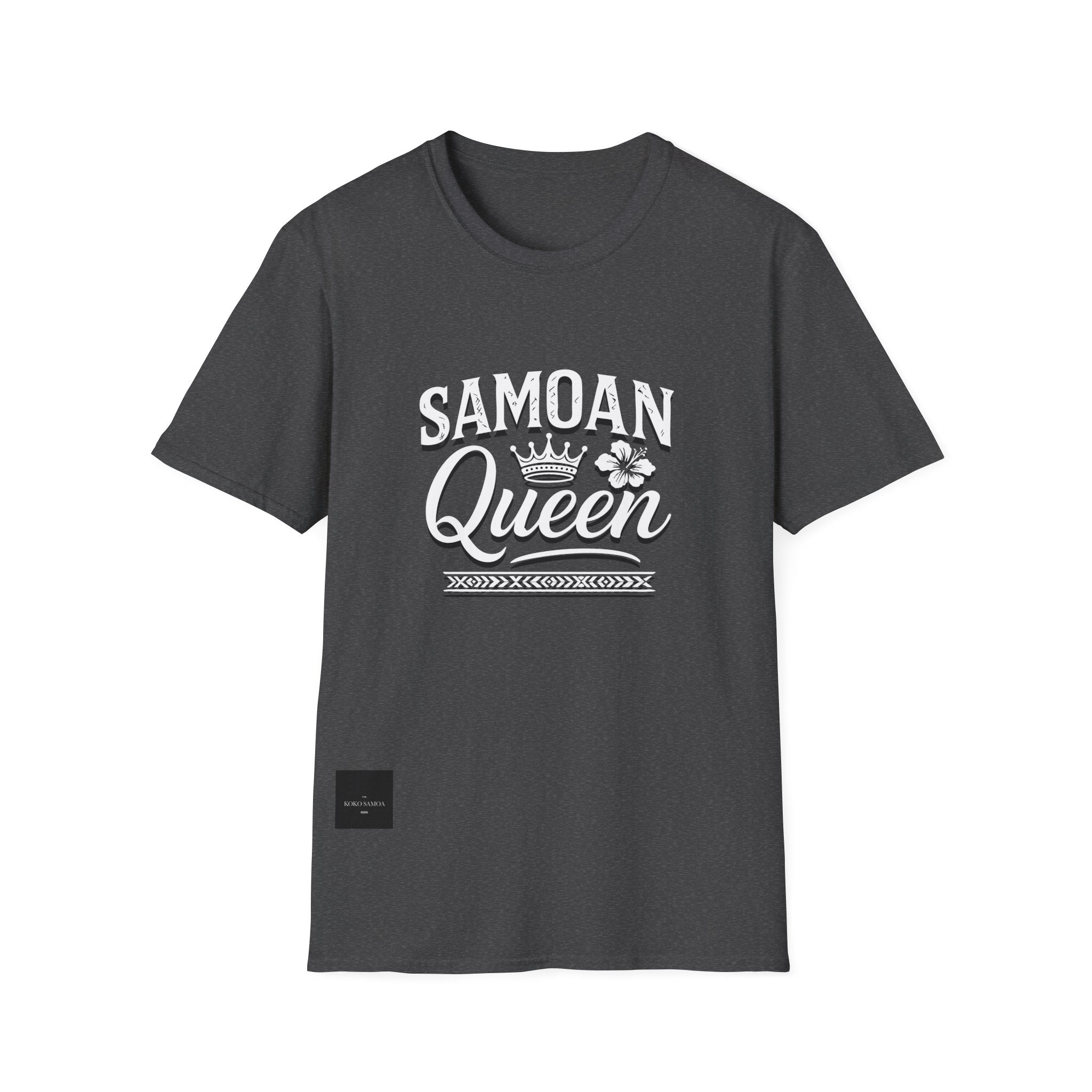 Charcoal soft unisex T-shirt featuring a Samoan Queen design from The Print Bar, displayed on a plain background.