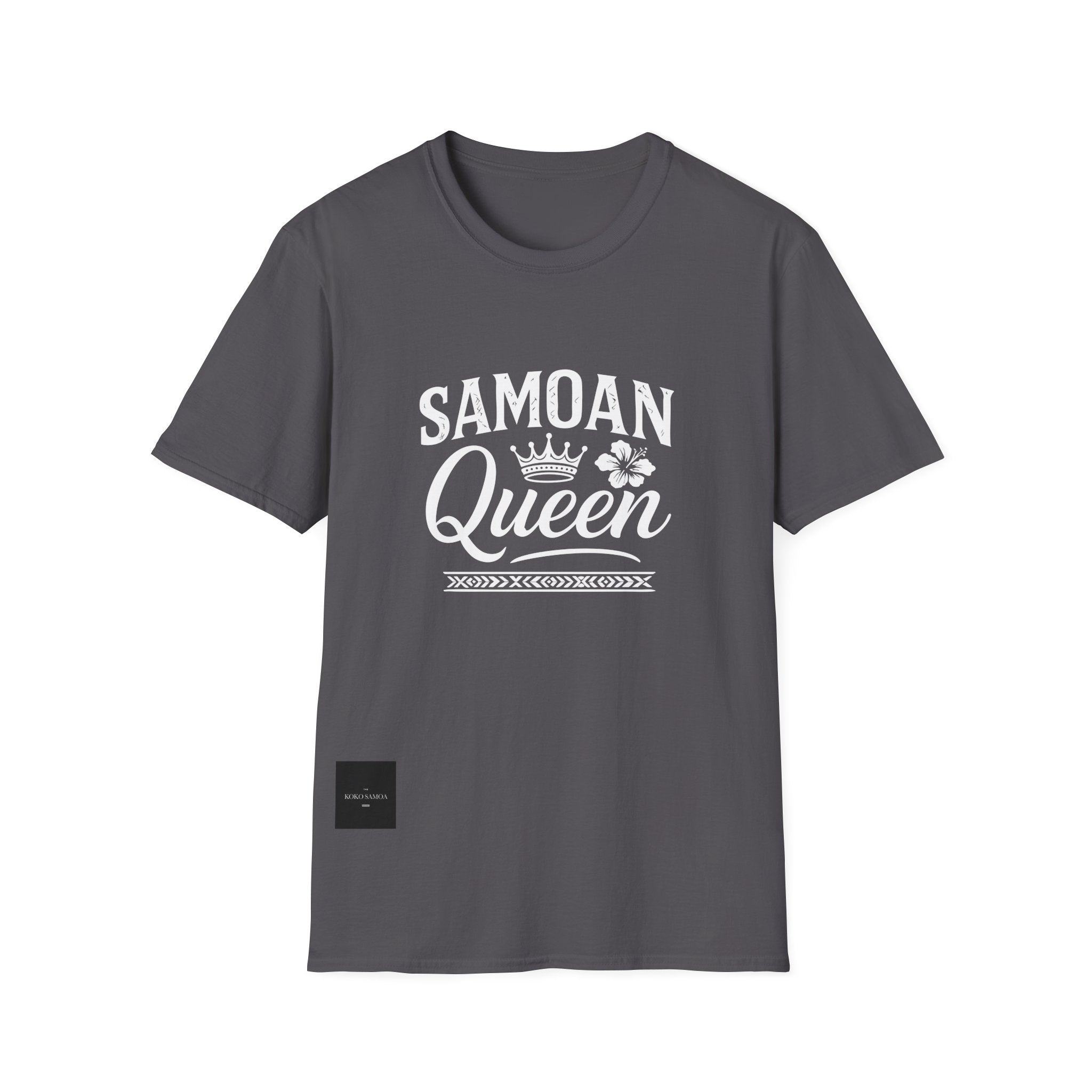 Charcoal soft unisex tee featuring Samoan Queen design by The Print Bar, stylish and comfortable casual wear for men and women.
