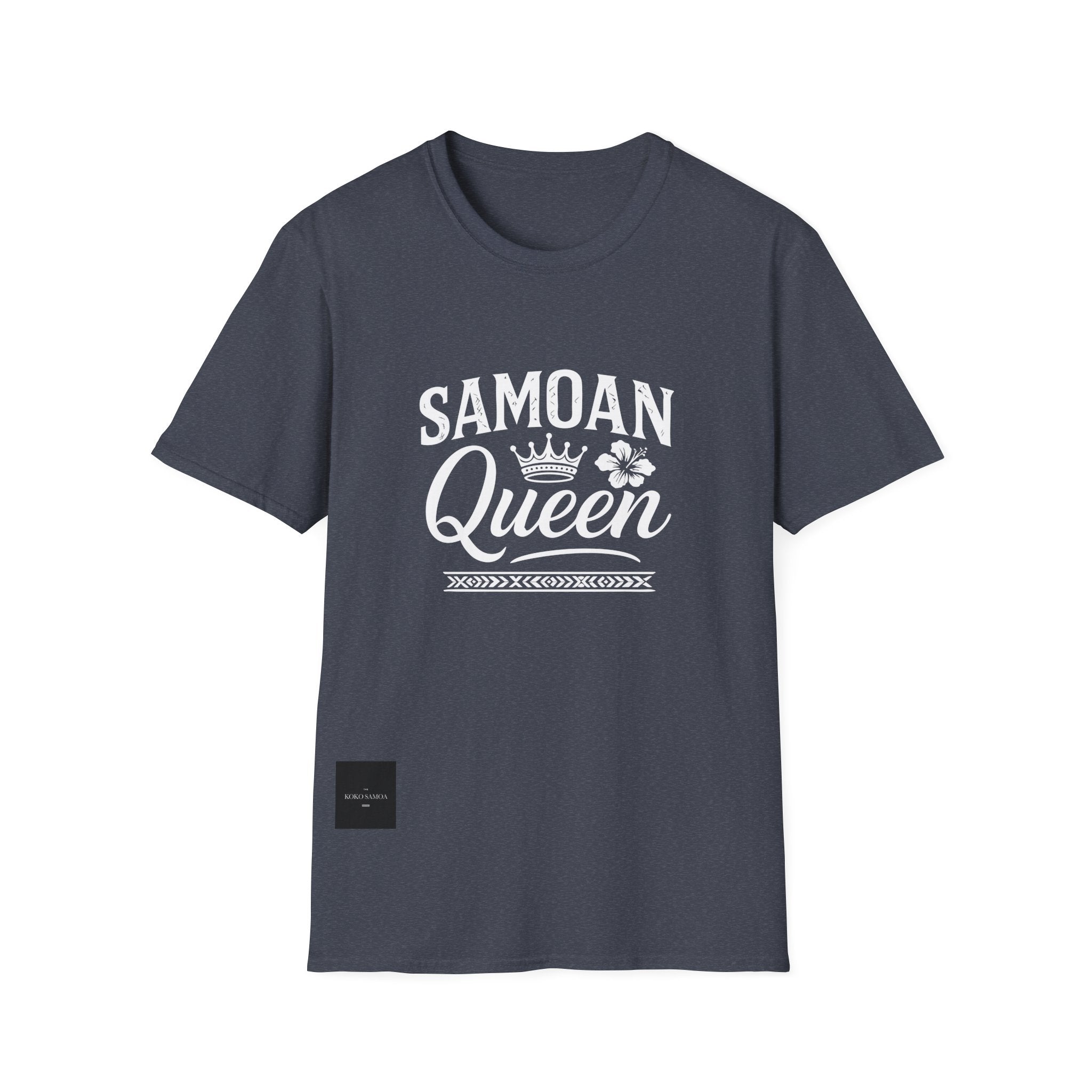 Charcoal soft unisex T-shirt featuring "Samoan Queen" design, from The Print Bar, perfect for casual wear and cultural pride.