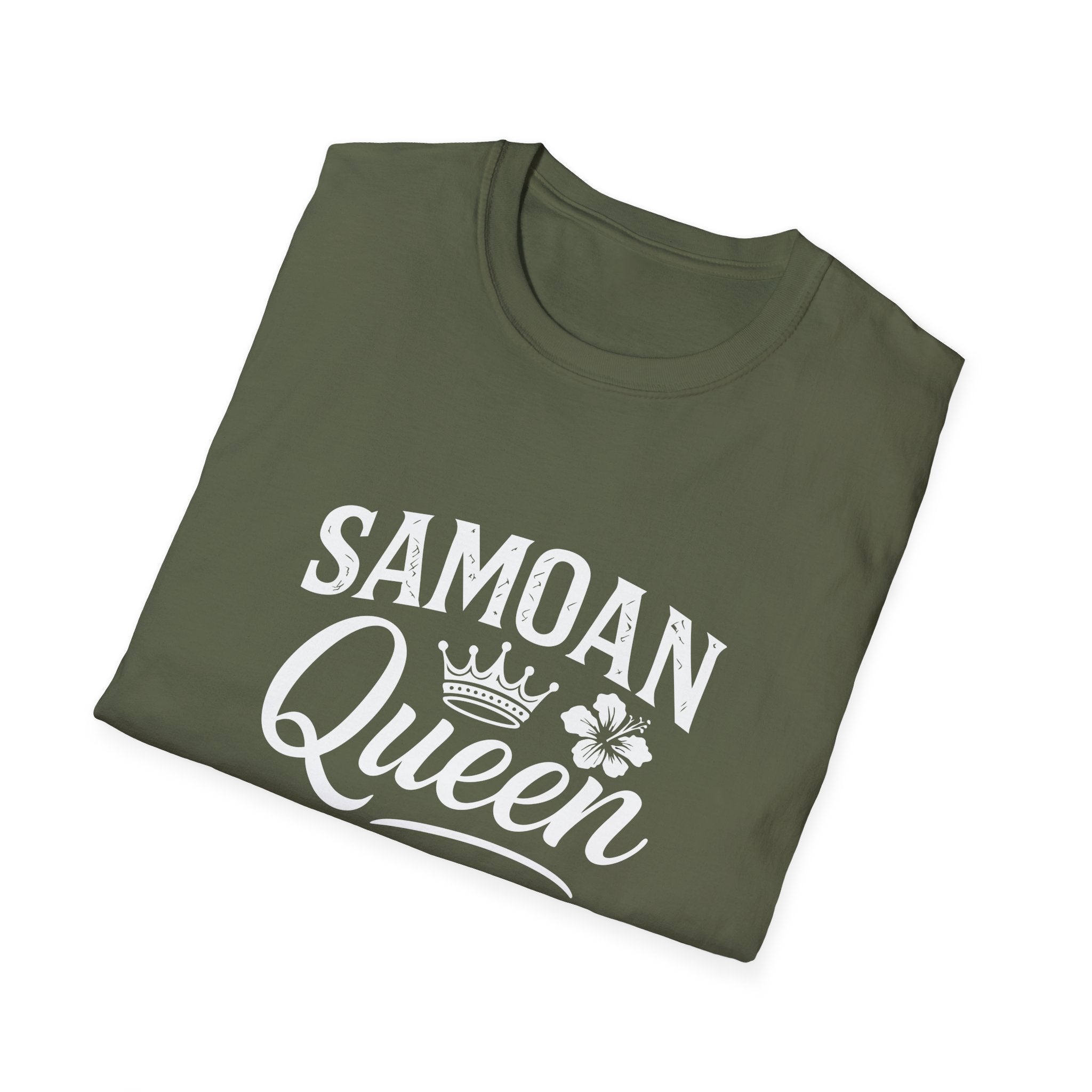 Charcoal soft unisex T-shirt featuring a Samoan Queen AU/NZ design from The Print Bar, displayed flat.