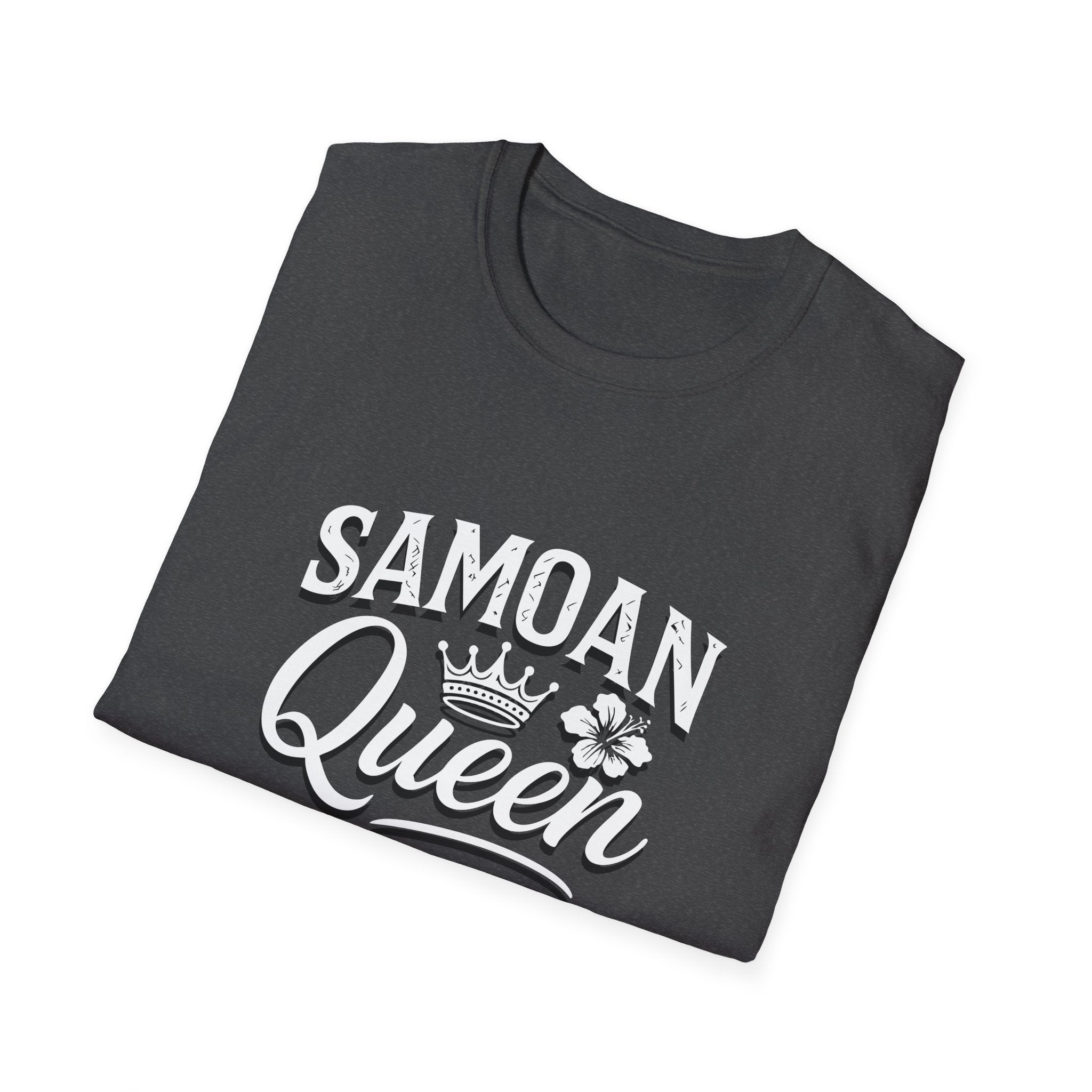 Charcoal soft unisex T-shirt featuring a Samoan Queen design from The Print Bar, casual and comfortable fit for all genders.