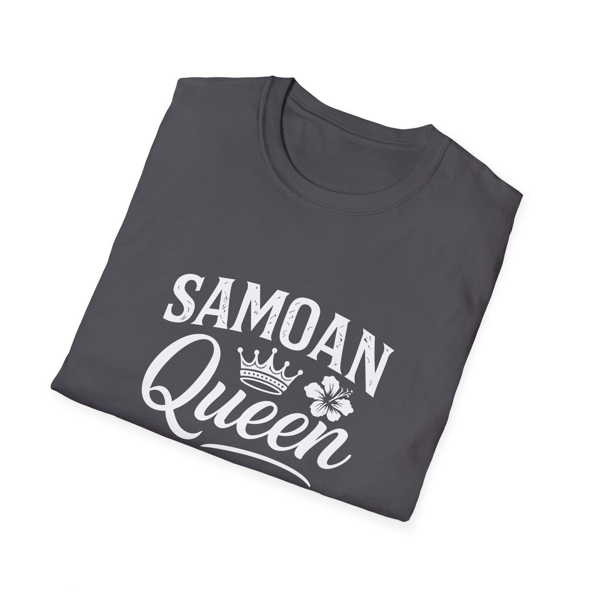 Charcoal soft unisex T-shirt featuring Samoan Queen design, from The Print Bar, ideal for casual wear and cultural expression.