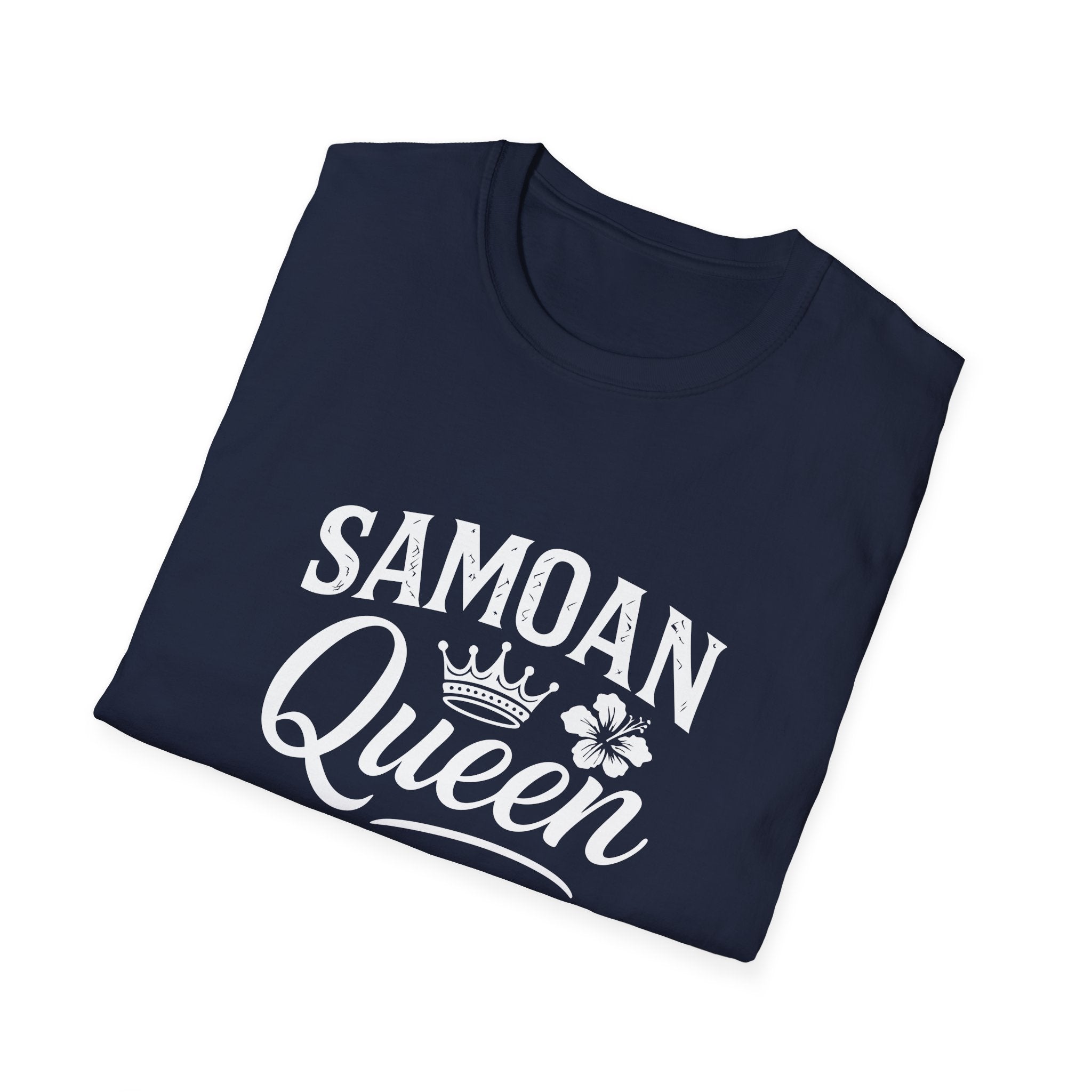 Charcoal soft unisex T-shirt featuring "Samoan Queen" design, made by The Print Bar, suitable for AU/NZ sizes S.