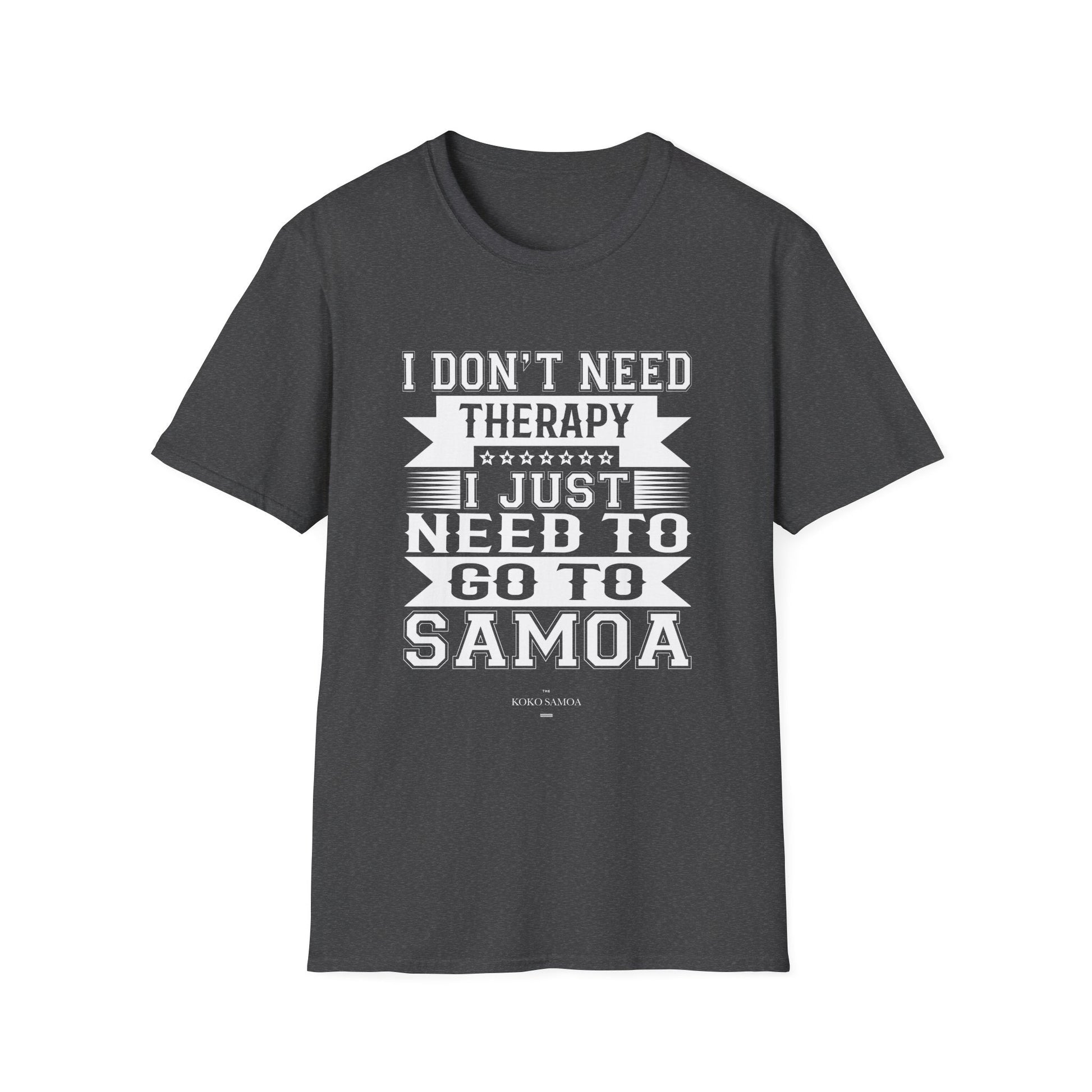 Charcoal unisex soft T-shirt featuring Samoan Therapy design, casual fit, ideal for everyday wear.