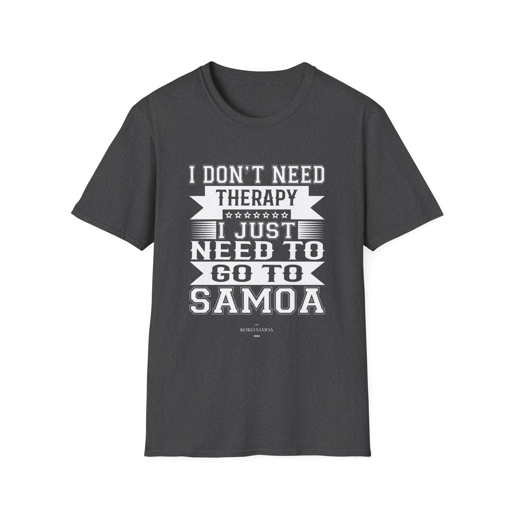 Charcoal unisex soft T-shirt featuring Samoan Therapy design, casual fit, ideal for everyday wear.