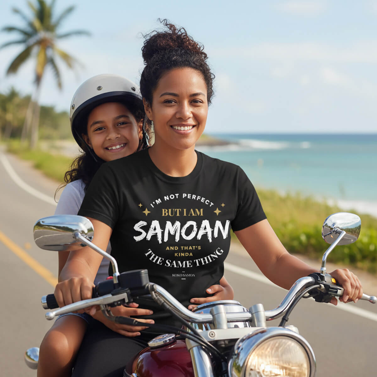 Soft unisex T-shirt in dark chocolate by The Print Bar, featuring "Not Perfect But Samoan" text, casual and comfortable fit.