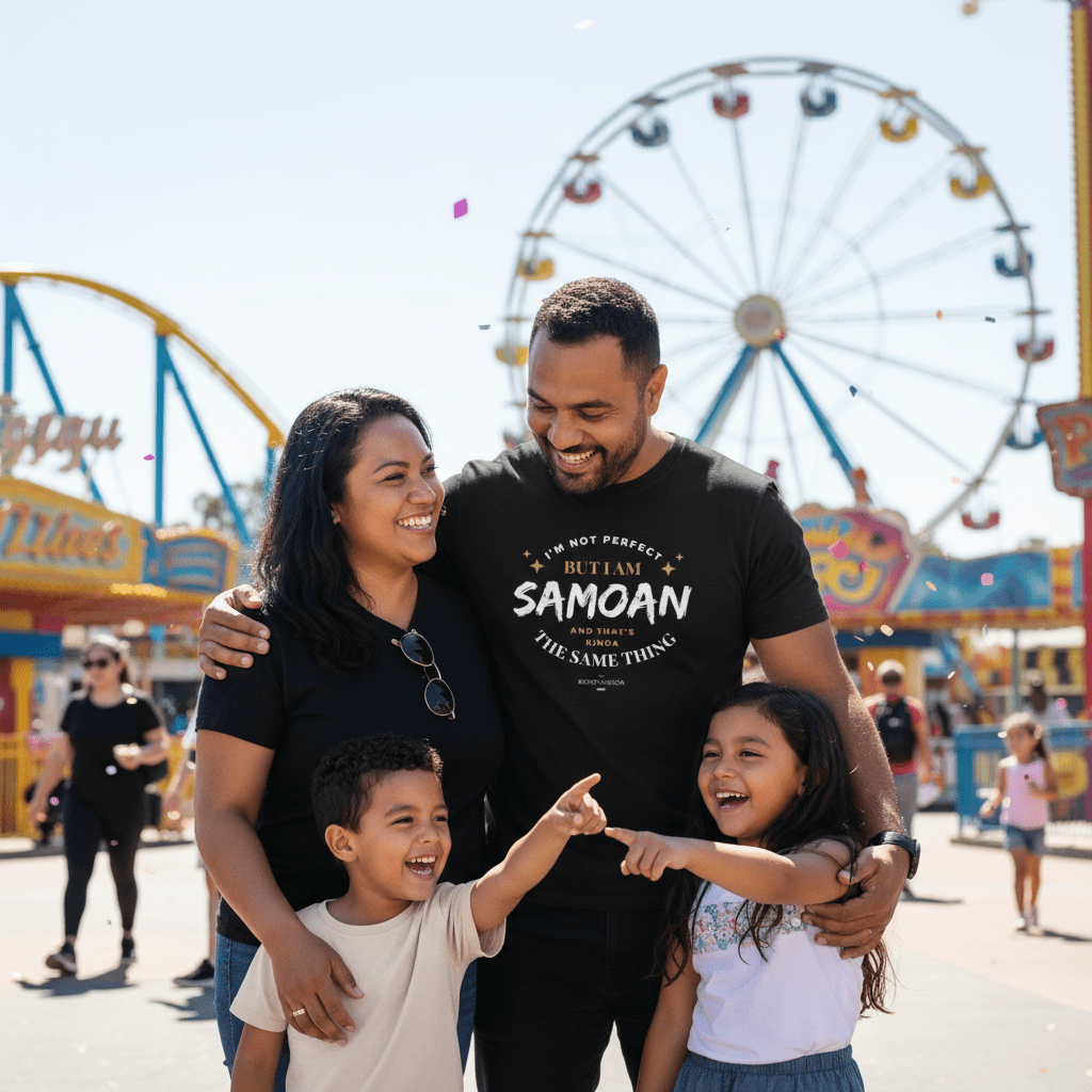 Dark chocolate soft unisex T-shirt from The Print Bar featuring "Not Perfect But Samoan" design, suitable for AU/NZ sizes.