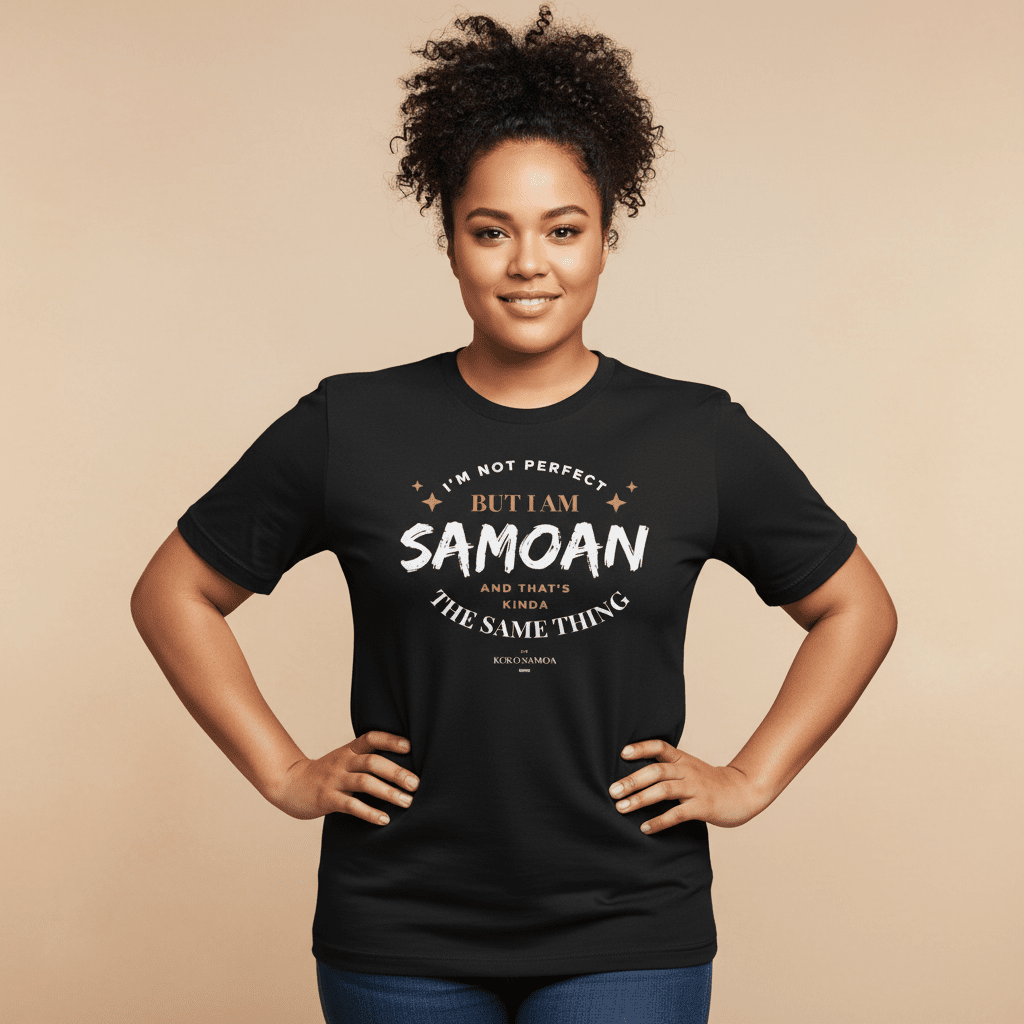 Dark chocolate soft unisex T-shirt by The Print Bar featuring the "Not Perfect But Samoan" design, personalized for AU/NZ.