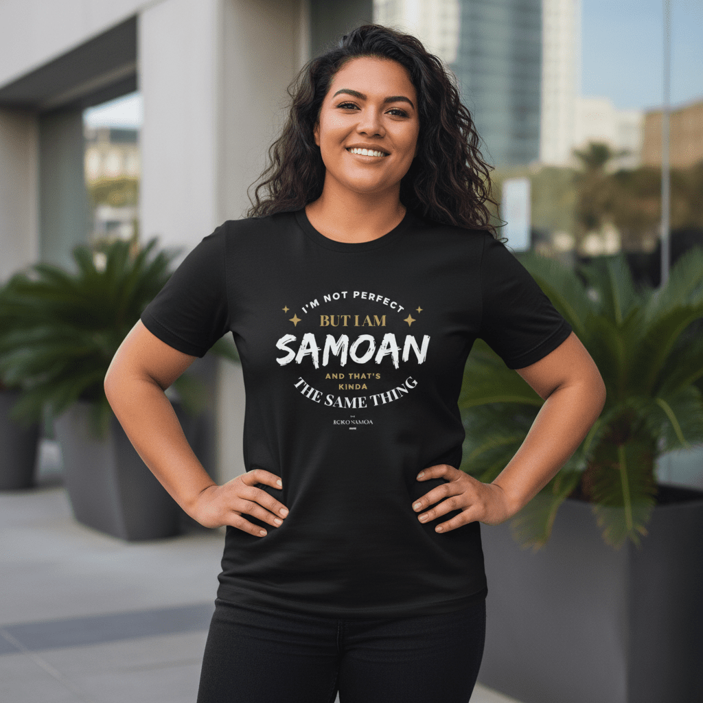 Dark chocolate soft unisex T-shirt by The Print Bar featuring the "Not Perfect But Samoan" design, suitable for AU/NZ sizing.