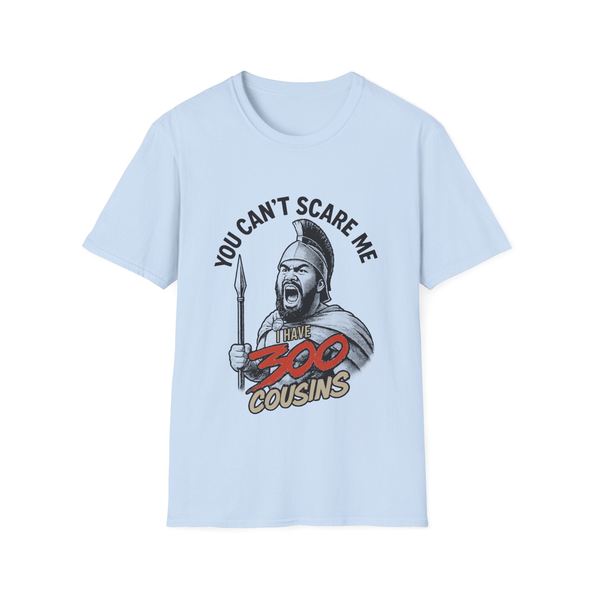 Light blue unisex soft tee featuring the 300 Cousins design, casual fit, and comfortable fabric.