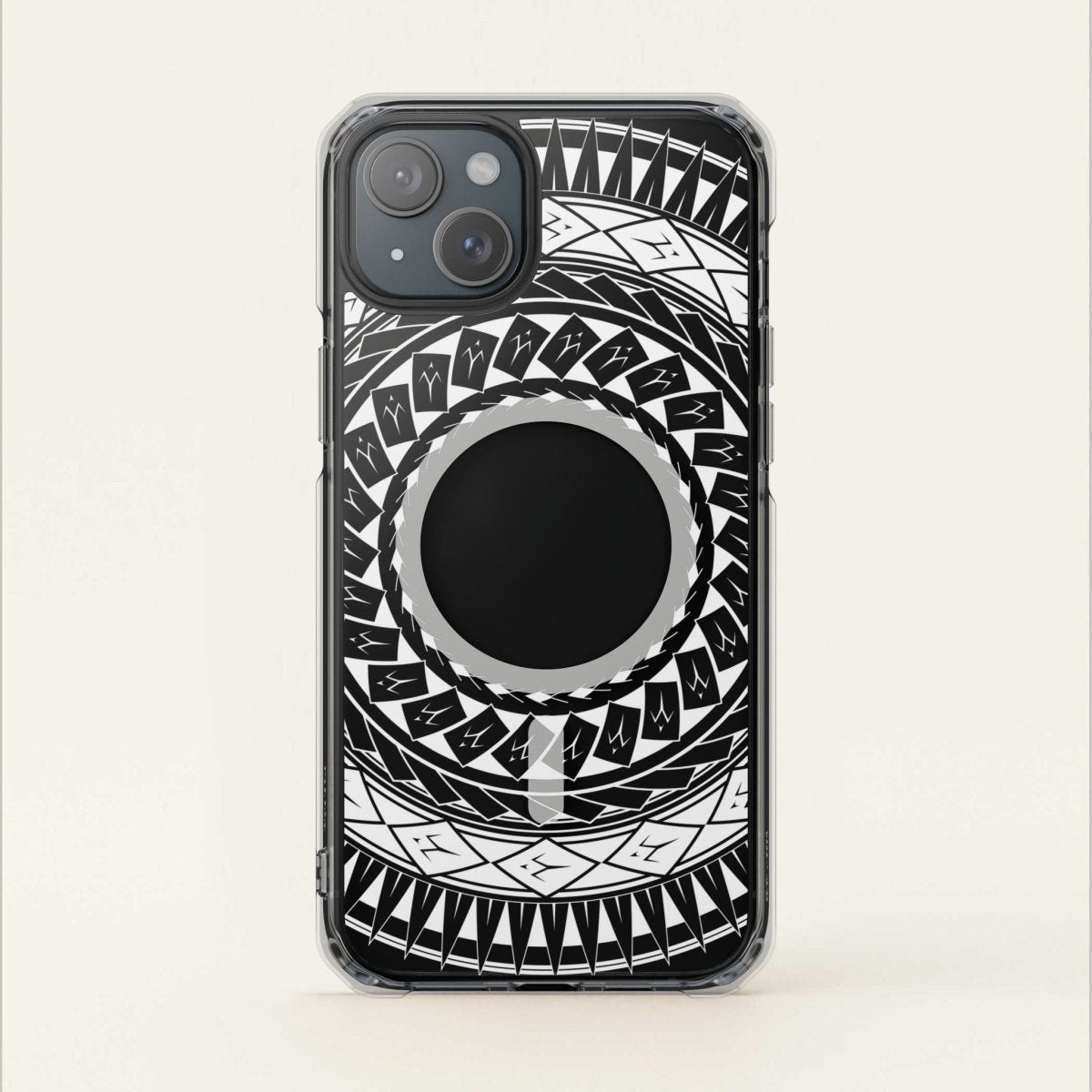 MagSafe clear case for iPhone 16 featuring Samoan spear design, transparent Magsafe protective cover.