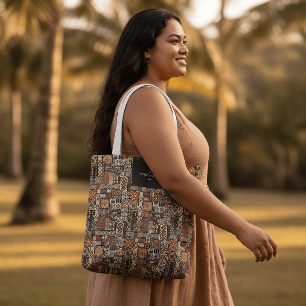 Elei tote bag with traditional Samoan Koko Samoa design, featuring vibrant patterns and sturdy handles.