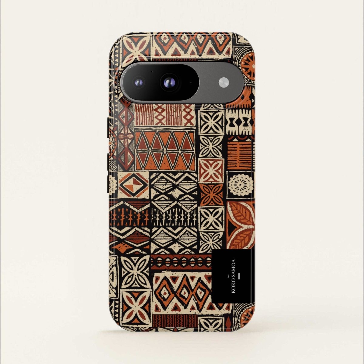 WOYC Tough Phone Case Elei design for AU/NZ/USA, durable protective cover with vibrant Koko Samoa pattern on a smartphone.