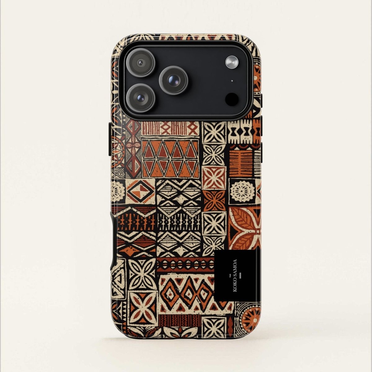 Durable WOYC Elei tough phone case for AU/NZ/USA with traditional Samoan Koko Samoa design, provides strong protection.