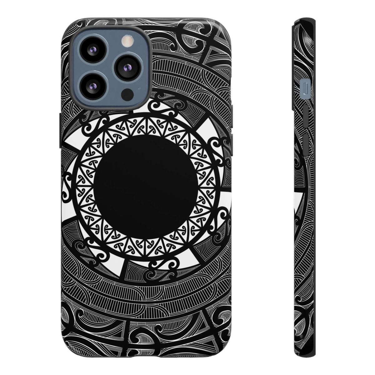 Printify tough phone case featuring Māori and Samoan Koko motifs, designed for AU/NZ/USA models, durable and vibrant.