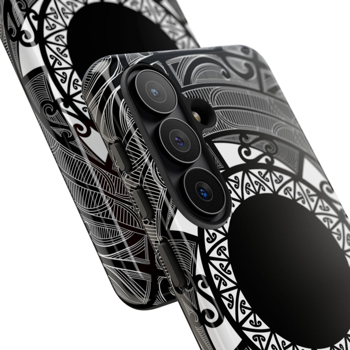Durable Māori print phone case by Printify, designed for AU, NZ, and US models, featuring traditional Māori artwork.