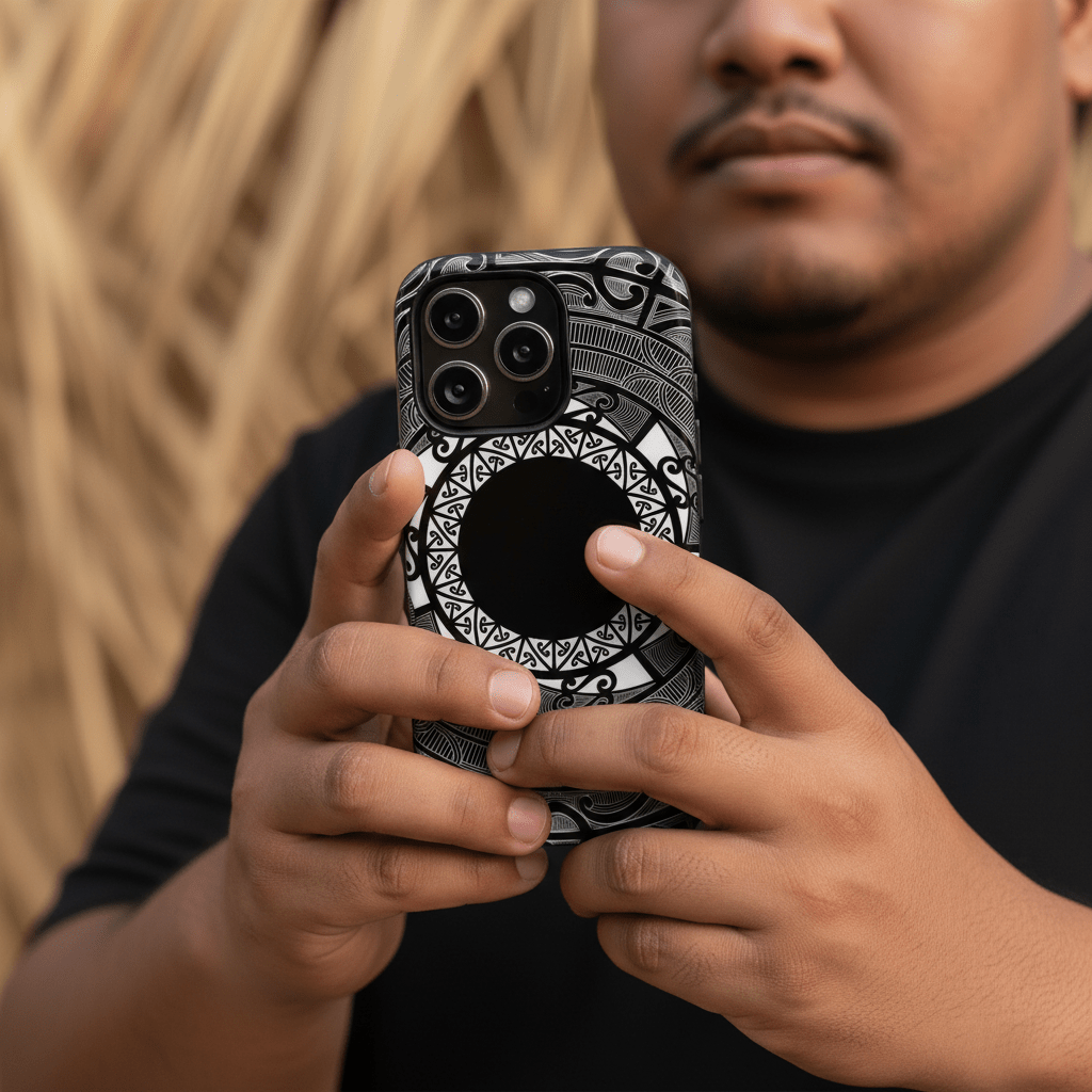 Durable Māori print phone case by Printify for AU, NZ, and USA, featuring traditional Māori art and design.