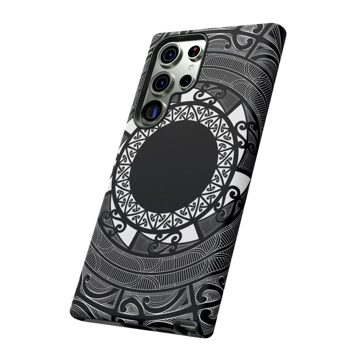 Printify Māori-themed tough phone case with traditional Koko Samoa design for AU, NZ, and US models, featuring vibrant Polynesian patterns.