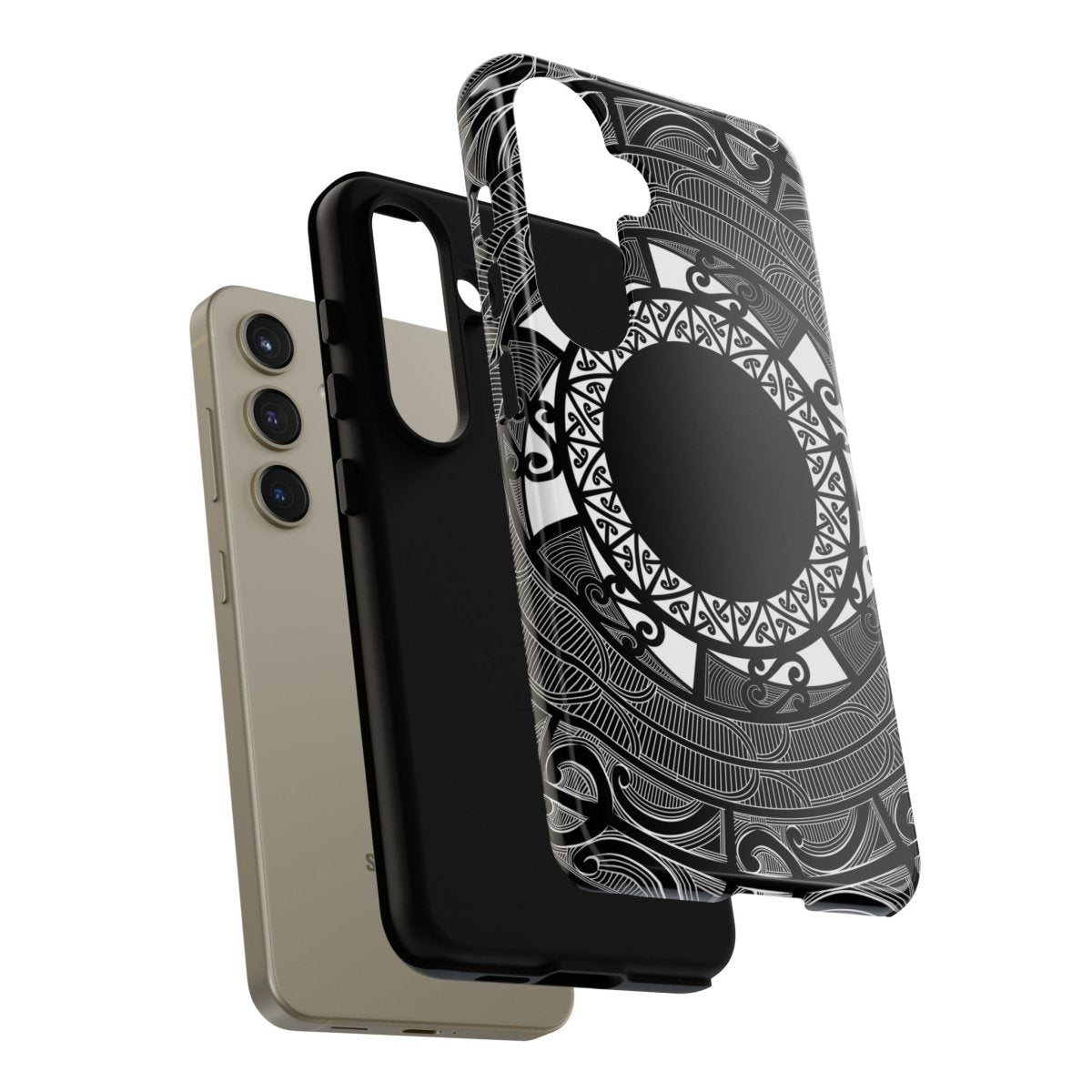 Tough Māori print phone case by Printify on a smartphone, featuring traditional Māori design and patterns.