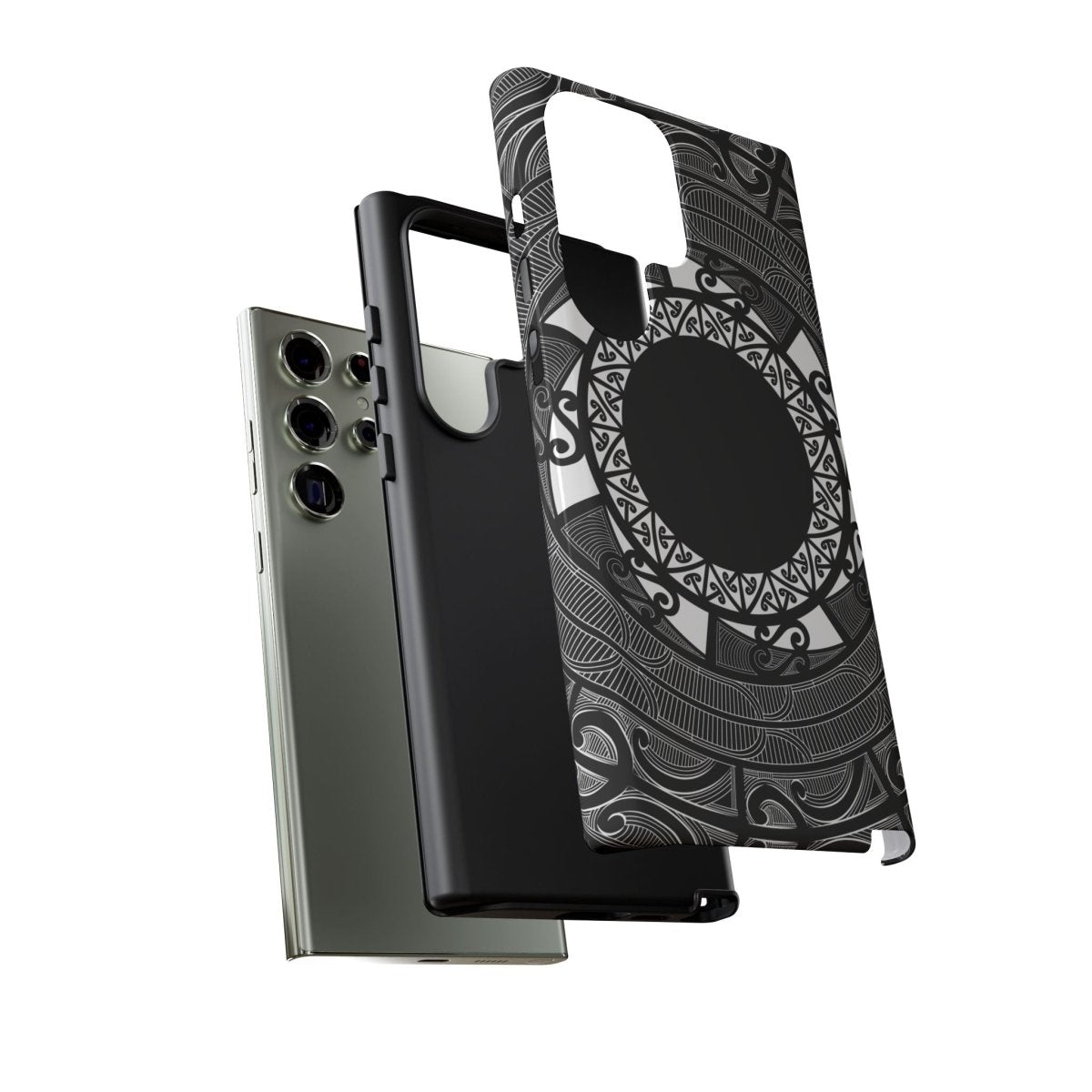 Printify tough phone case featuring Māori design with Koko Samoa motifs, suitable for AU, NZ, and USA models.