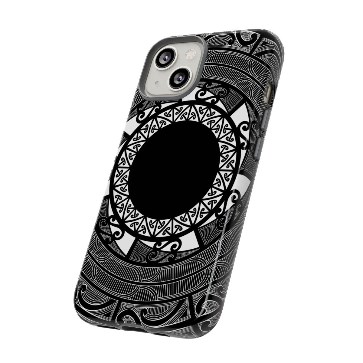 Tough Māori print phone case by Printify showing intricate traditional Māori design on durable phone protector.