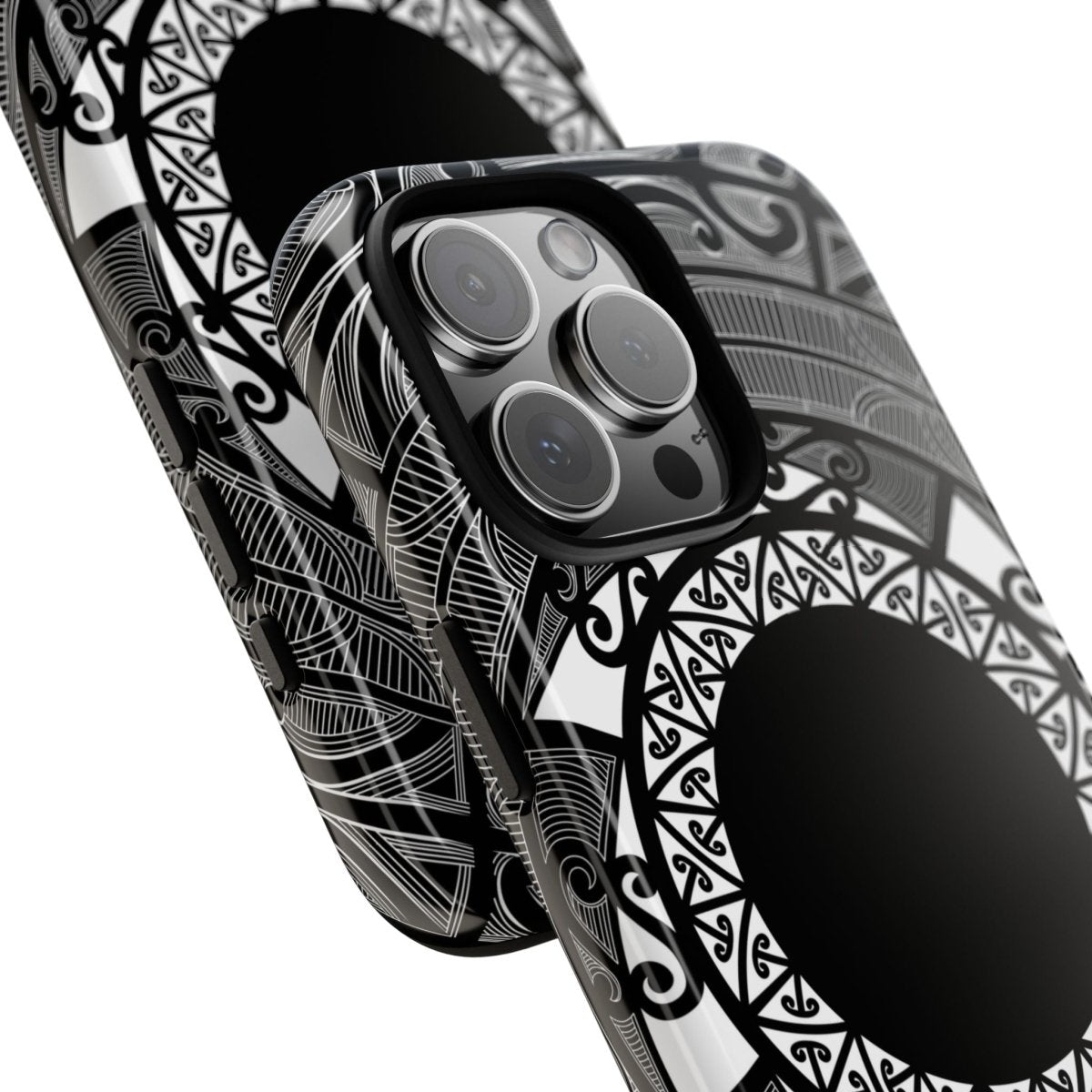 Durable Māori print phone case by Printify on a smartphone, featuring traditional Māori designs in vibrant colors.