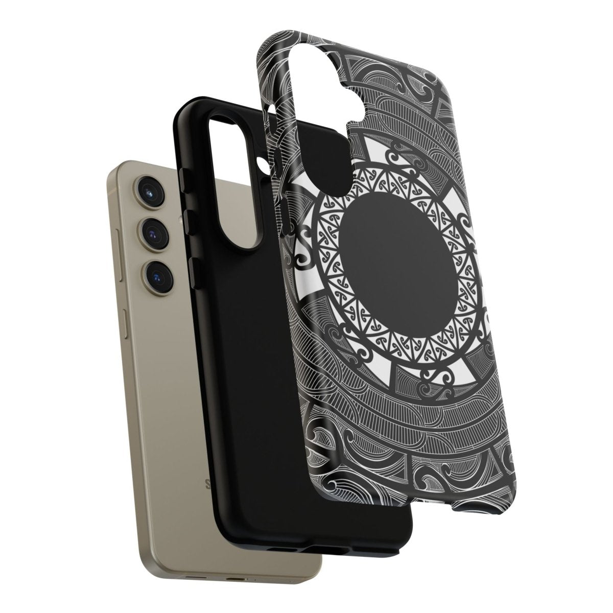 Printify Tough Phone Case with Māori design, featuring traditional patterns and symbols on a durable protective cover.