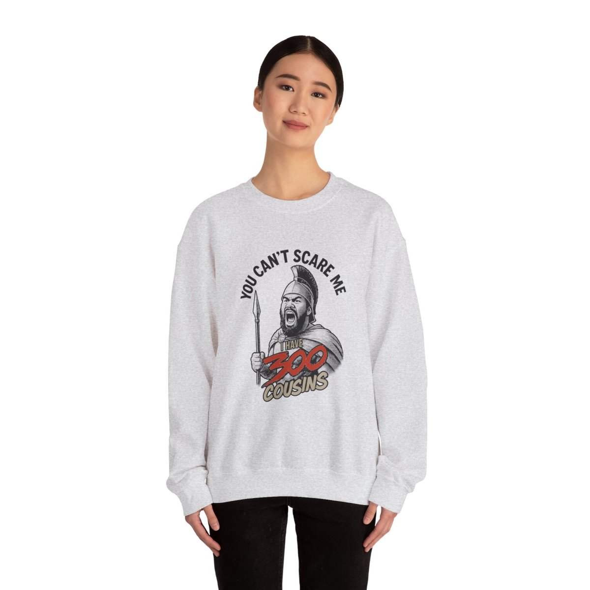 Unisex heavy sweatshirt by The Print Bar featuring custom 300 Cousins design in AU/NZ, casual wear, front view.
