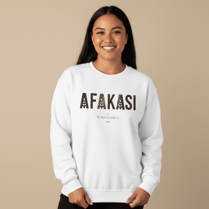Unisex heavy sweatshirt featuring Afakasi design with personalized Koko Samoa print in neutral tones.
