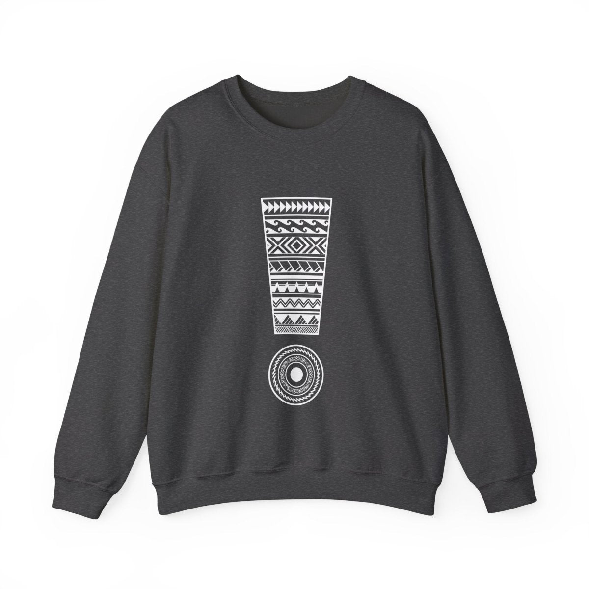 Unisex heavy sweatshirt featuring Exclaim design, worn by a person, in a casual indoor setting.