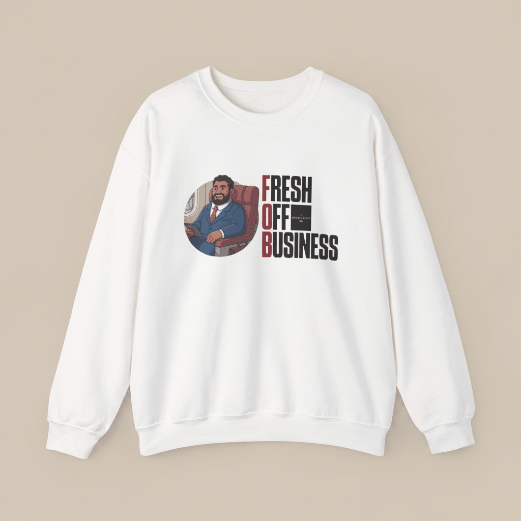 Unisex heavy sweatshirt featuring "Fresh Off Business" design, personalized, in soft fabric with a casual fit.
