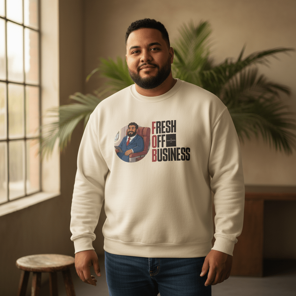 Unisex heavy sweatshirt featuring a personalized "Fresh Off Business" design, casual style, in neutral color.