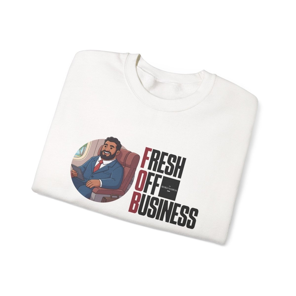 Unisex heavy sweatshirt with "Fresh Off Business" design, displayed on a person, casual style, personalized fit.