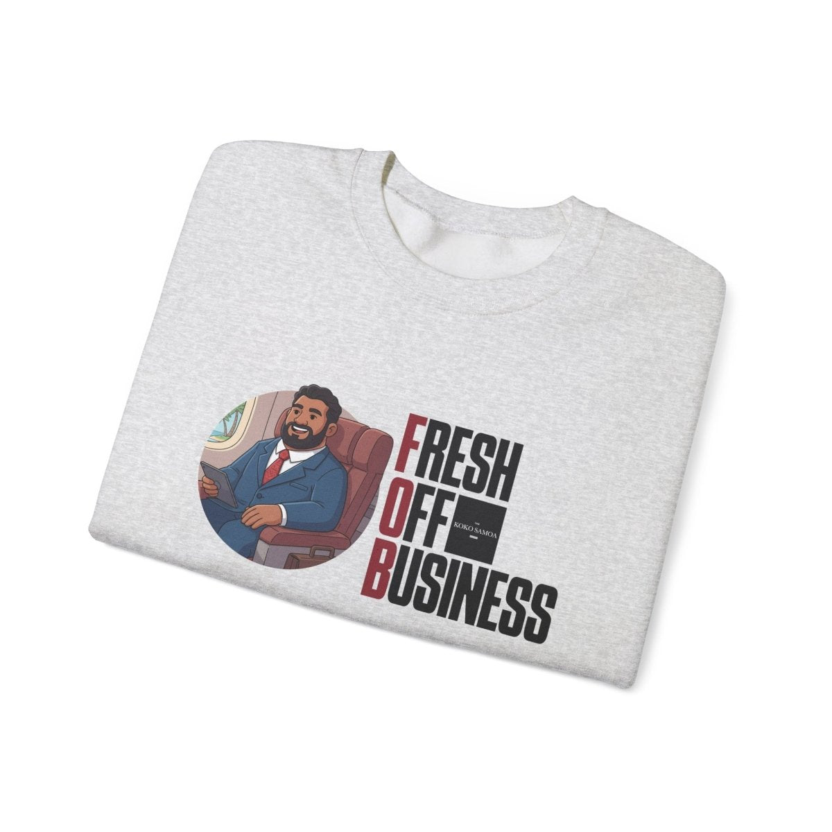 Unisex heavy sweatshirt featuring personalized "Fresh Off Business" design, in black with bold text.