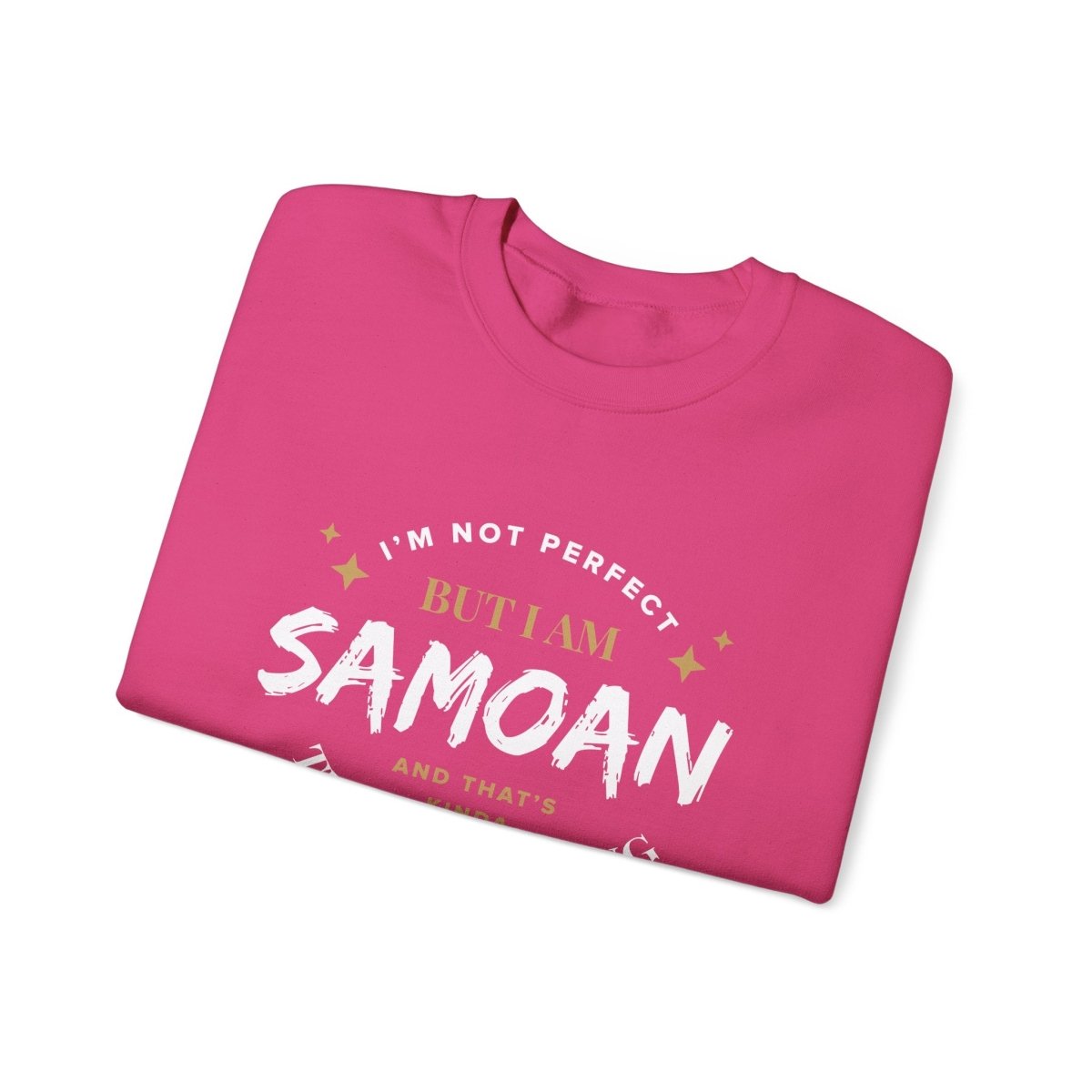Unisex heavy sweatshirt featuring "Not Perfect But Samoan" design, worn by a person, casual and cozy style.