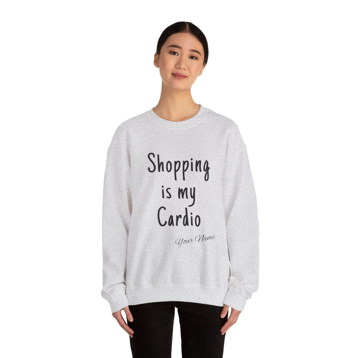 Unisex heavy sweatshirt with "Shopping is My Cardio" slogan in black print, casual fit, AU/NZ.