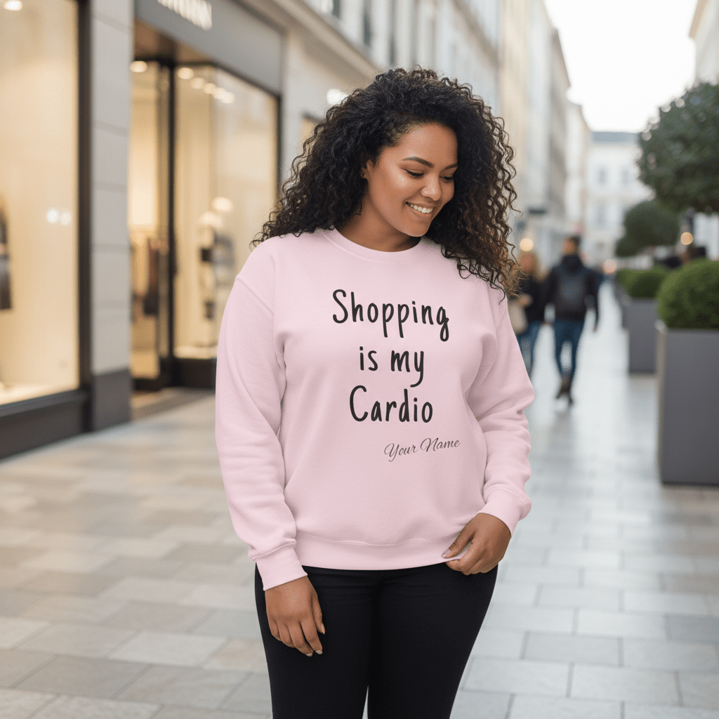 Unisex heavy sweatshirt with "Shopping is My Cardio" personalized design, in a cozy, casual style.
