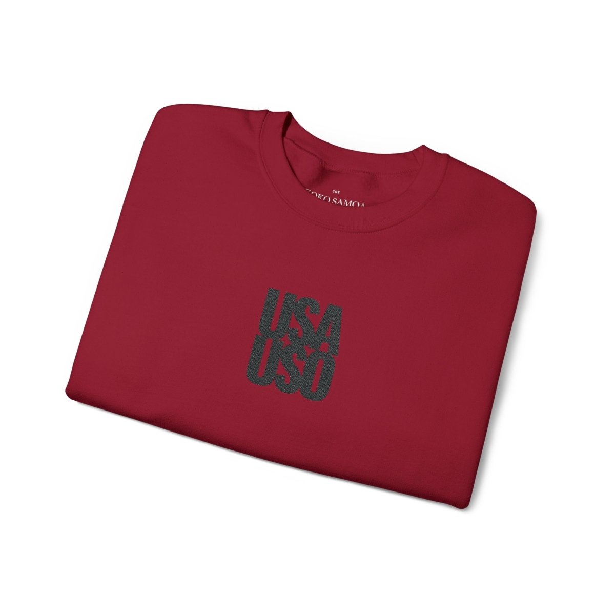 Unisex black heavy sweatshirt by Fulfill Engine with USA USO embroidered design, suitable for AU, NZ, and US.