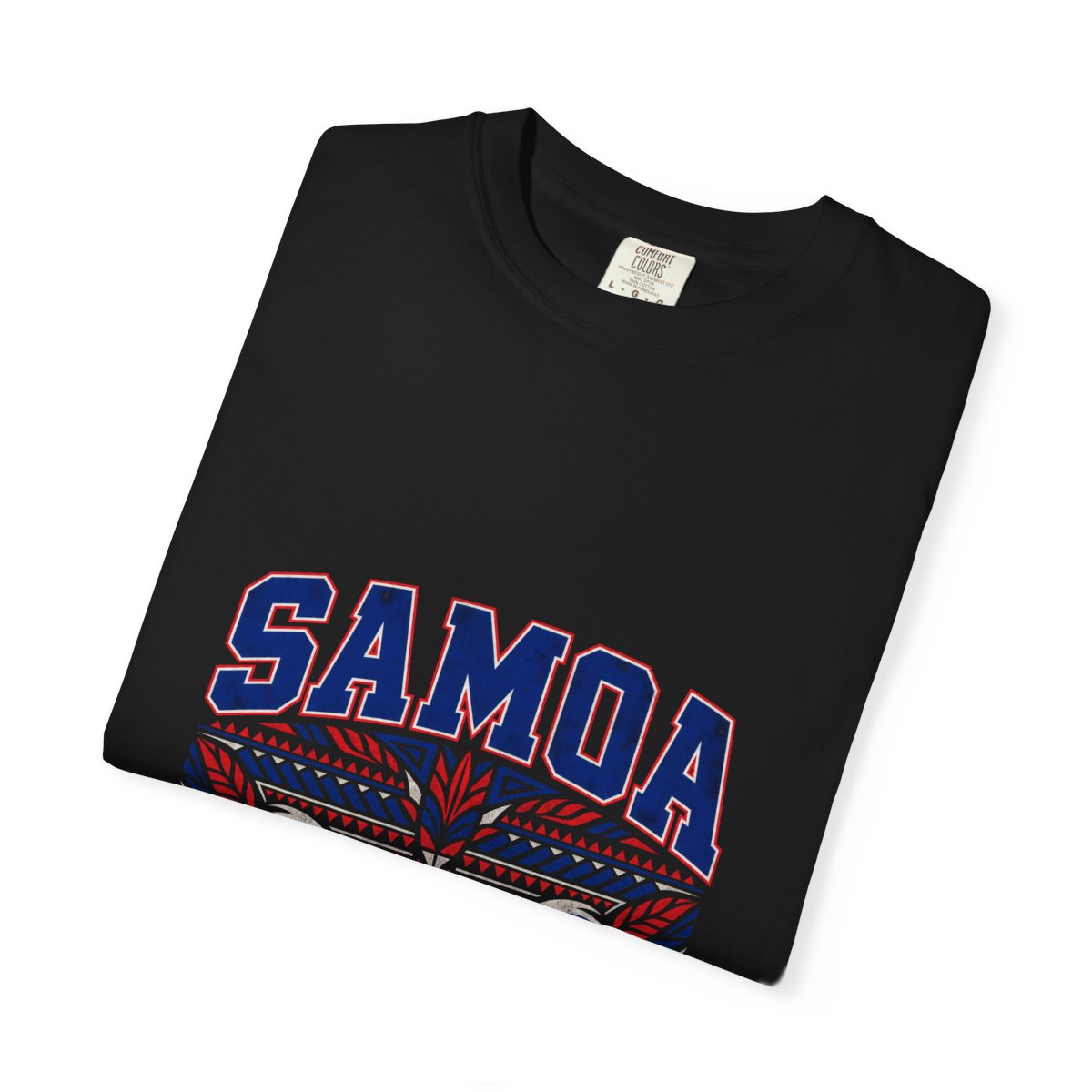 The black Samoa Varsity unisex tee folded with the print facing up