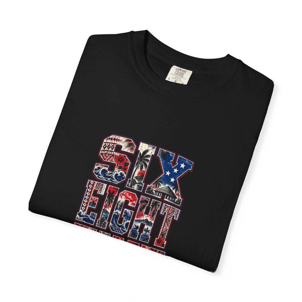 The black 685 Samoa unisex tee folded with the print facing up