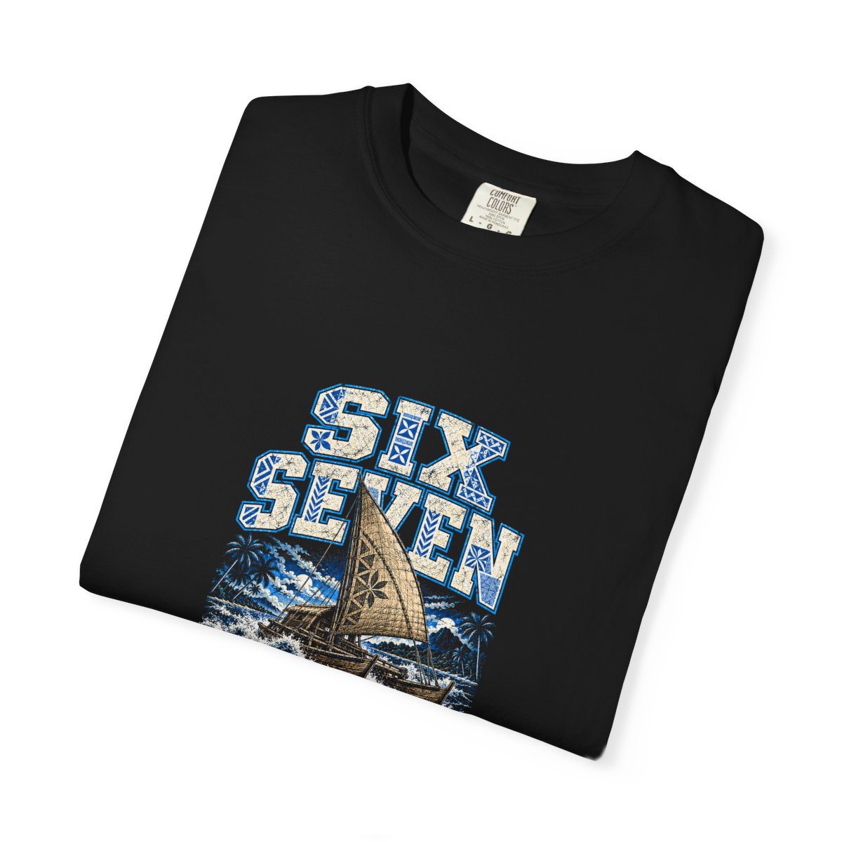 The black 679 Fiji unisex tee folded with the print facing up