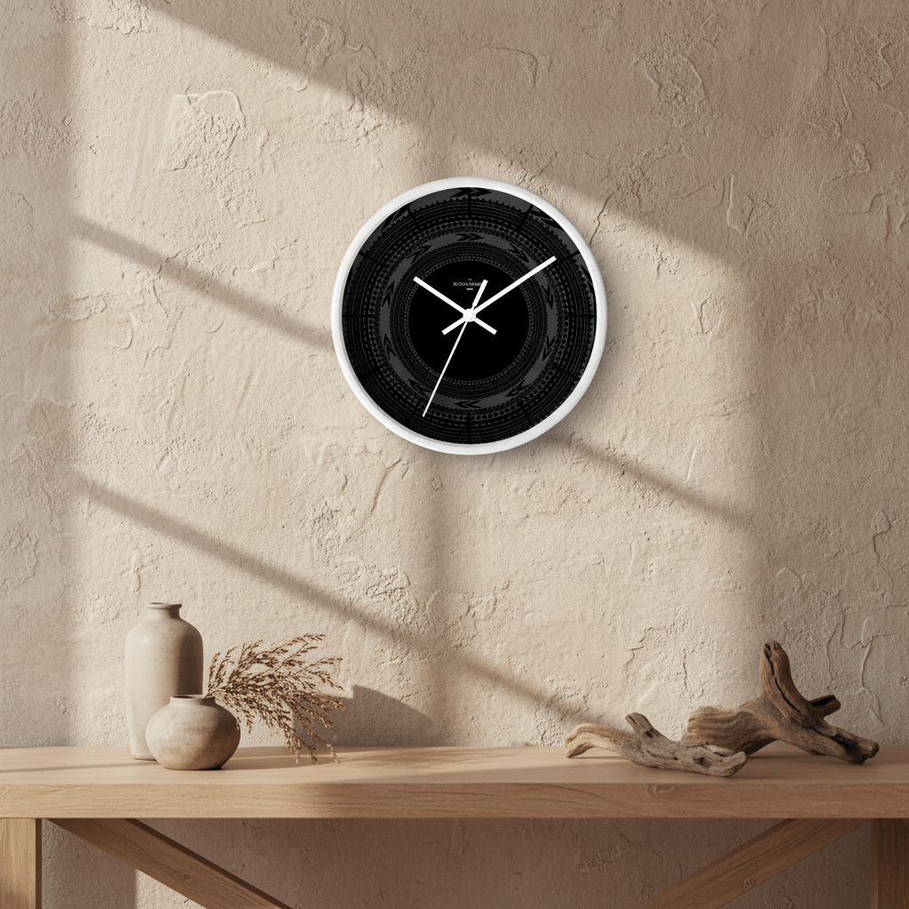 Black 10-inch Wall Clock featuring Pe'a design, ideal for home decor in AU, NZ, and USA styles.